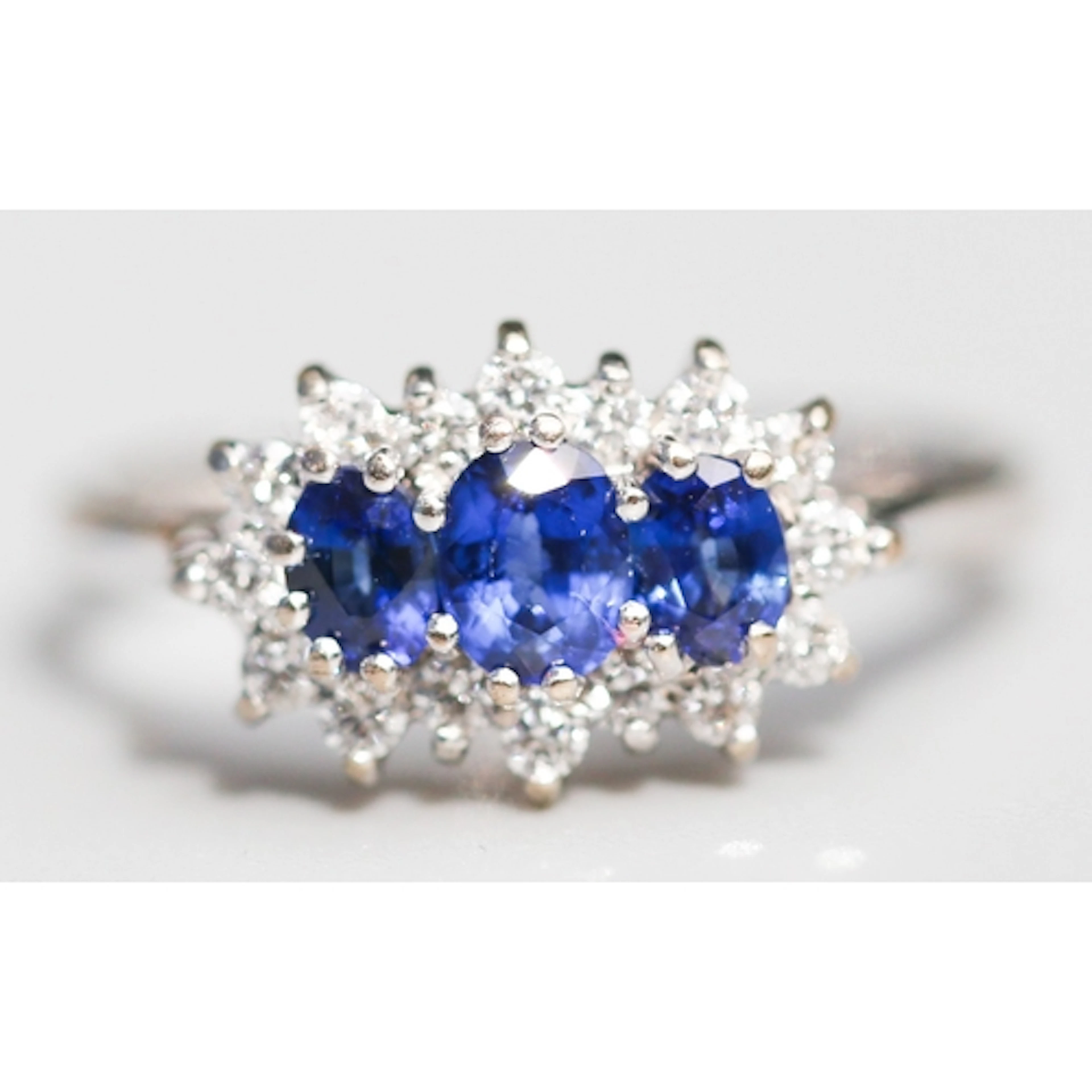 Attractively Detailed, Sapphire Three Stone Set Ring with Di...