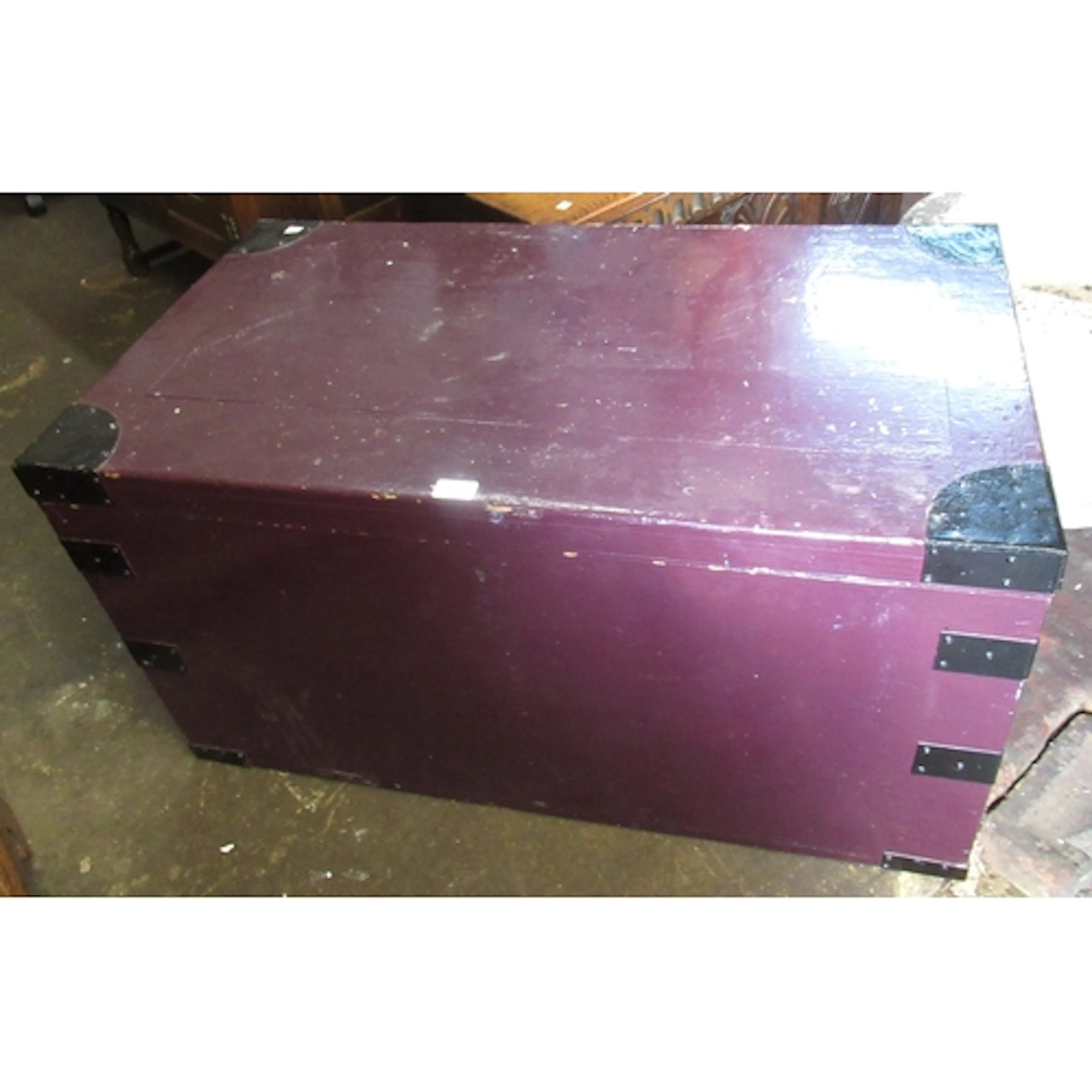 Rectangular painted pine metal mounted trunk with hinged cov...