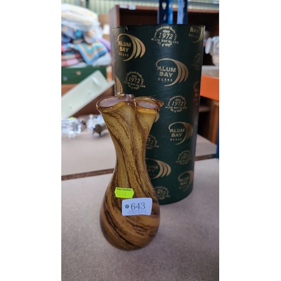 Alum Bay Glass hand-blown vase in amber and brown marbled gl...