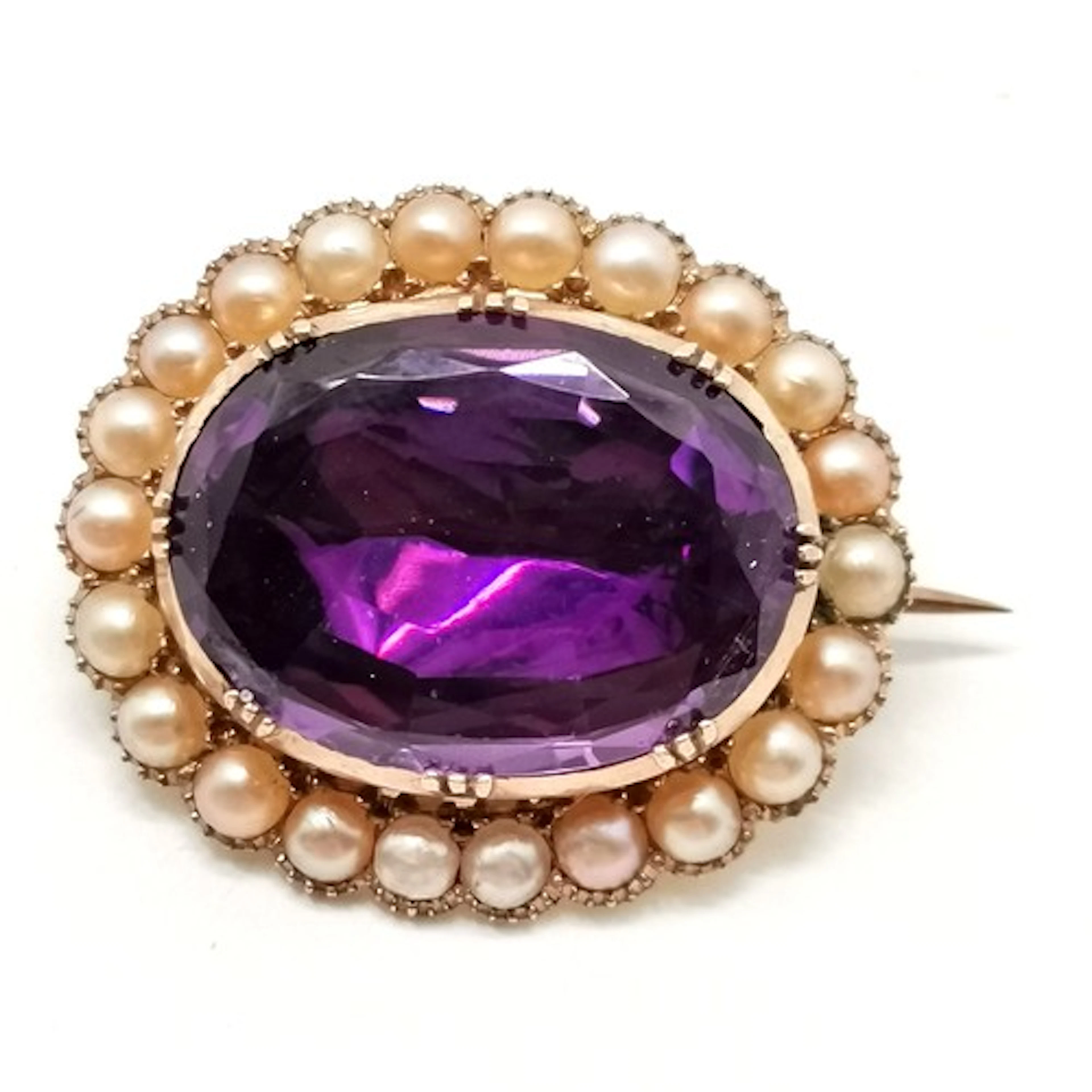 Antique unmarked (touch tests as) gold amethyst & pearl broo...