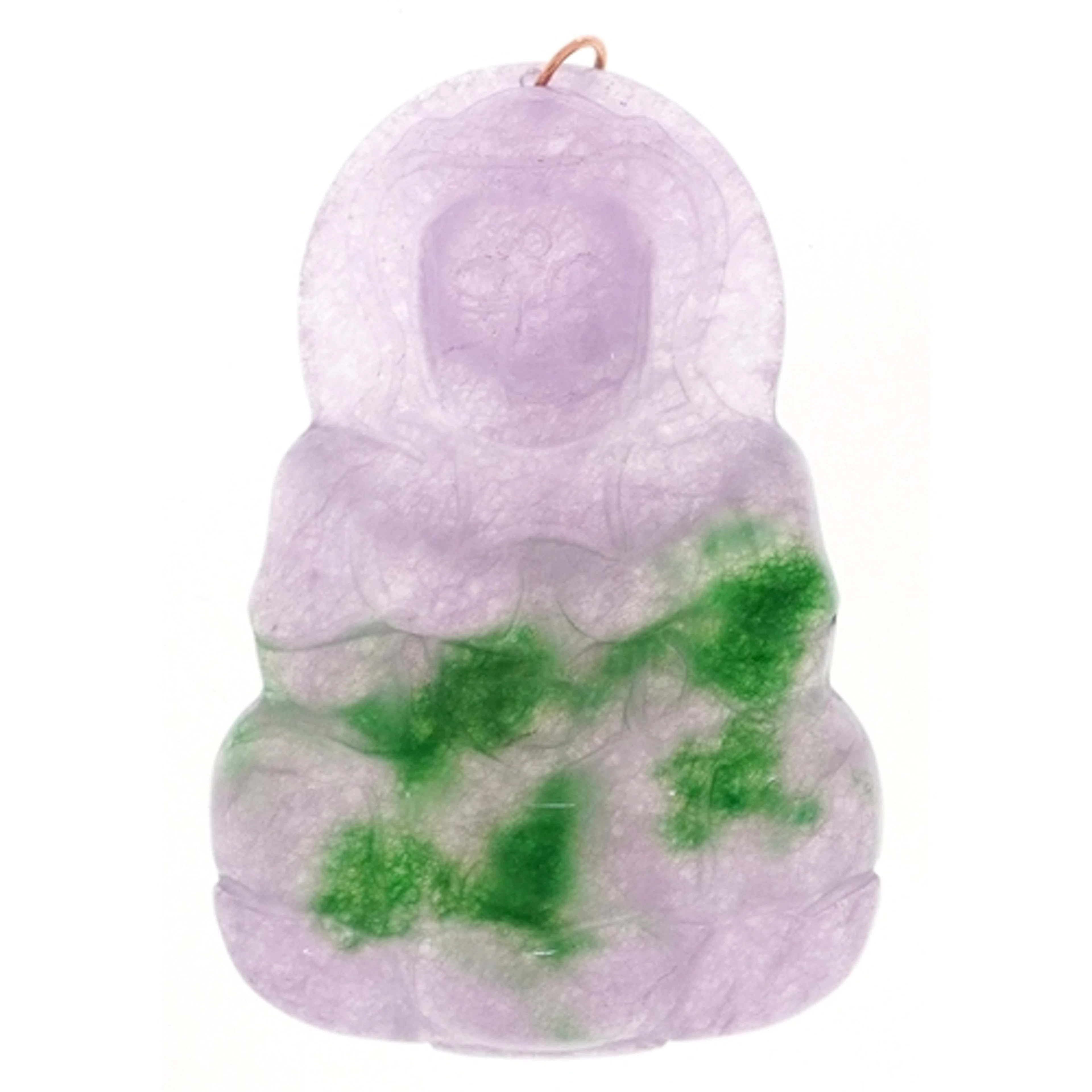 Chinese lavender and green stone pendant carved with a Buddh...