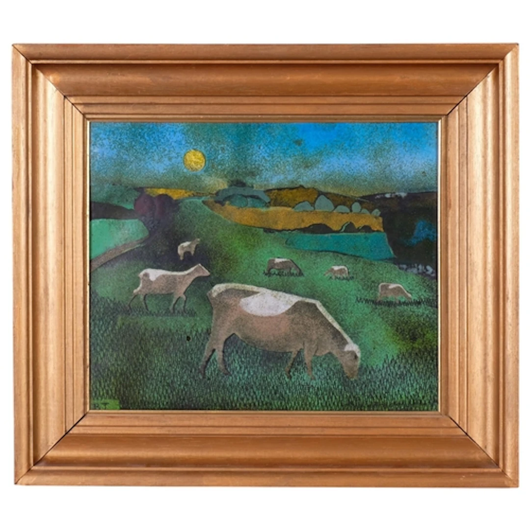 Beryl Turpin (1926 - 2016), cattle in landscape, enamel on m...