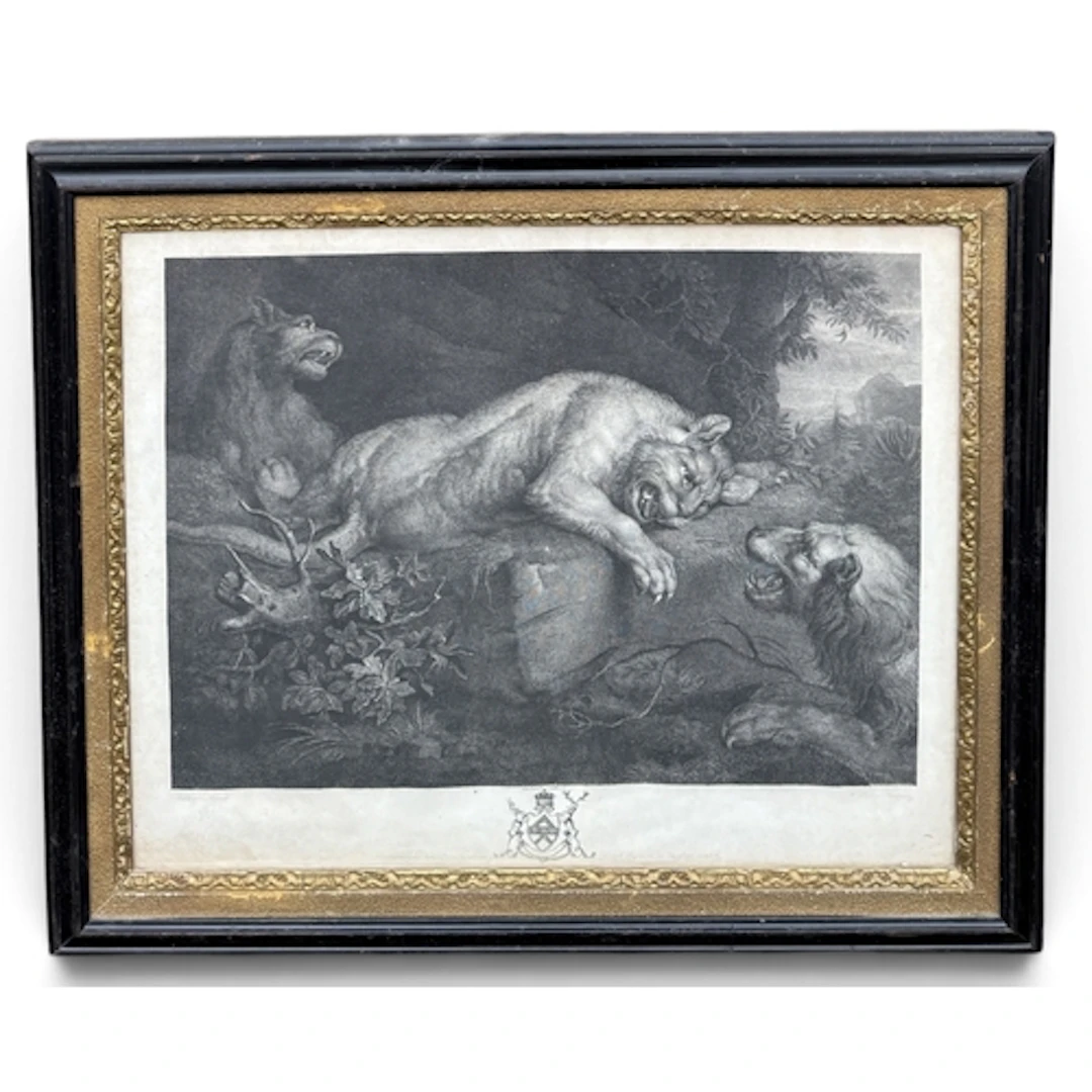 A 19TH CENTURY BLACK AND WHITE ENGRAVING OF TWO LIONS 55cm x...