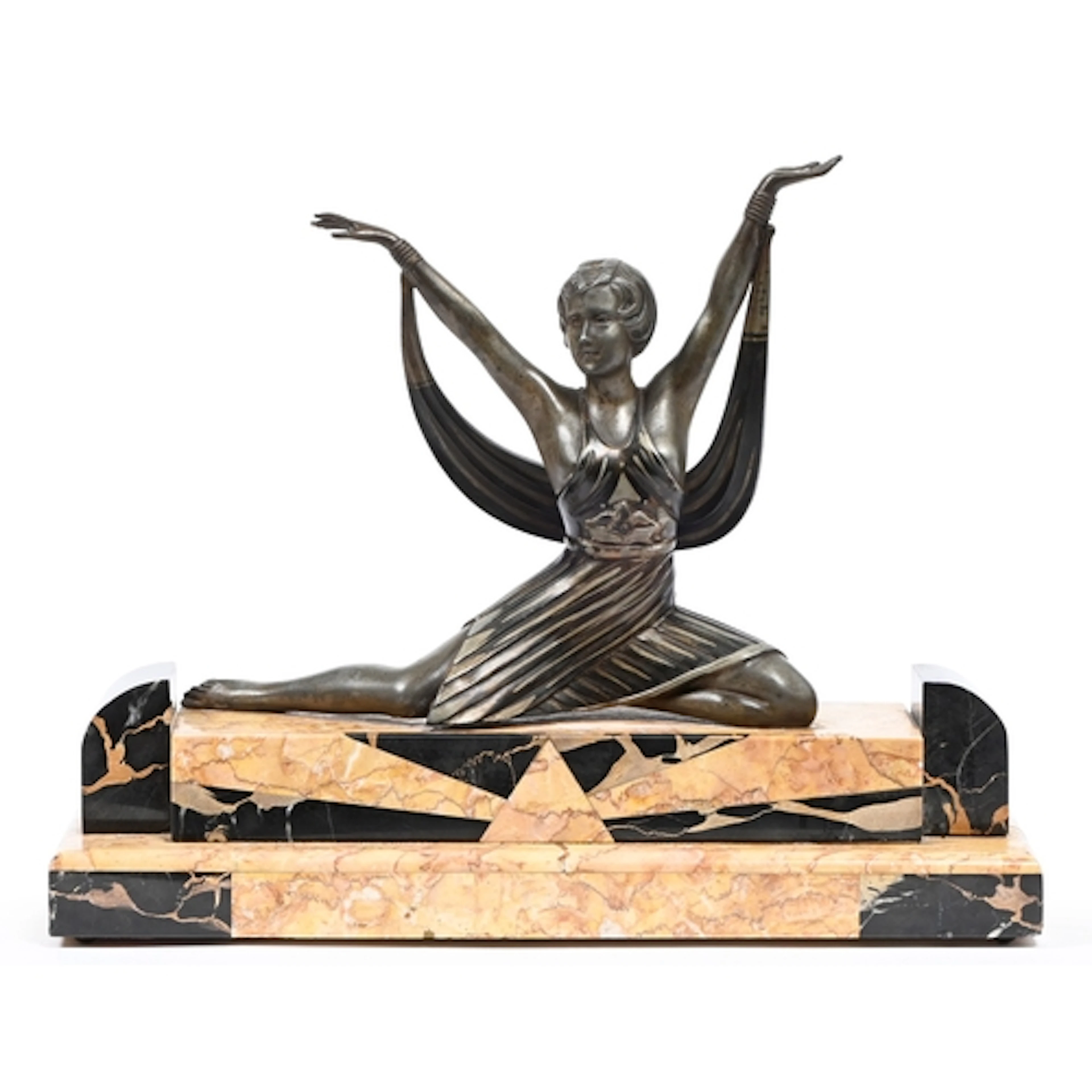 A French Art Deco spelter sculpture of a dancer, on stepped ...