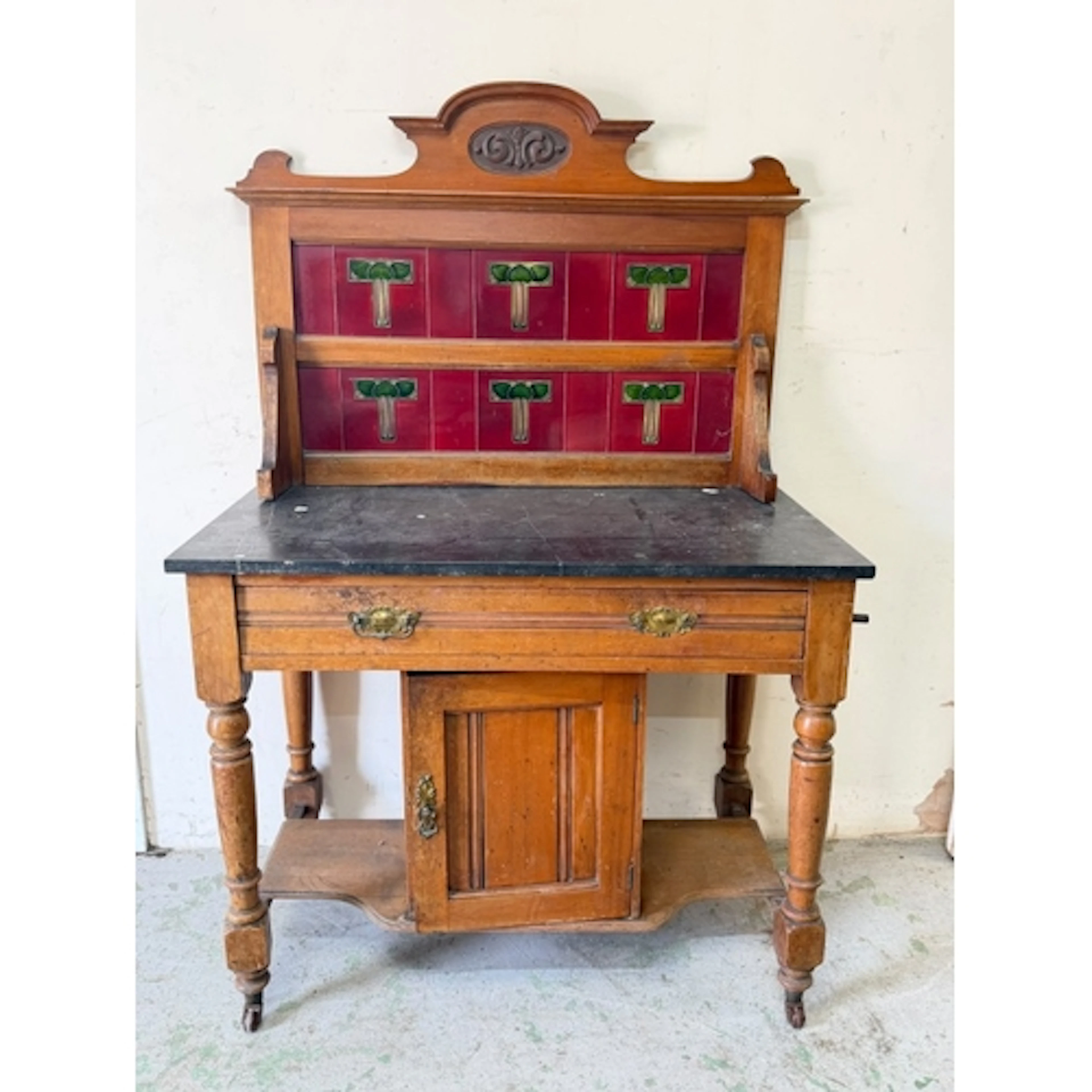 Art Nouveau pine washstand, black marble top with Art Nouvea...