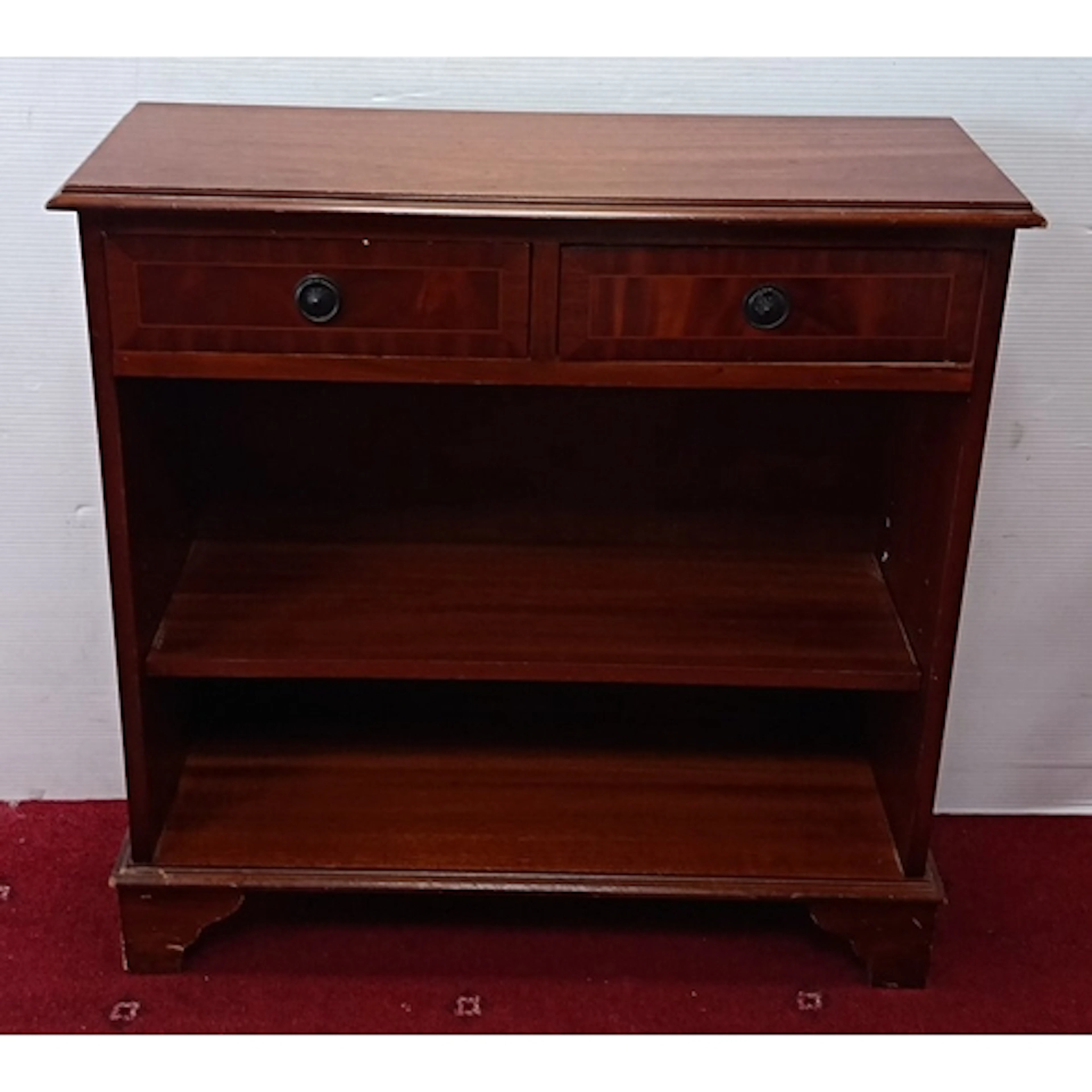 Mahogany Low Open Bookcase, two top drawers with round pulls...