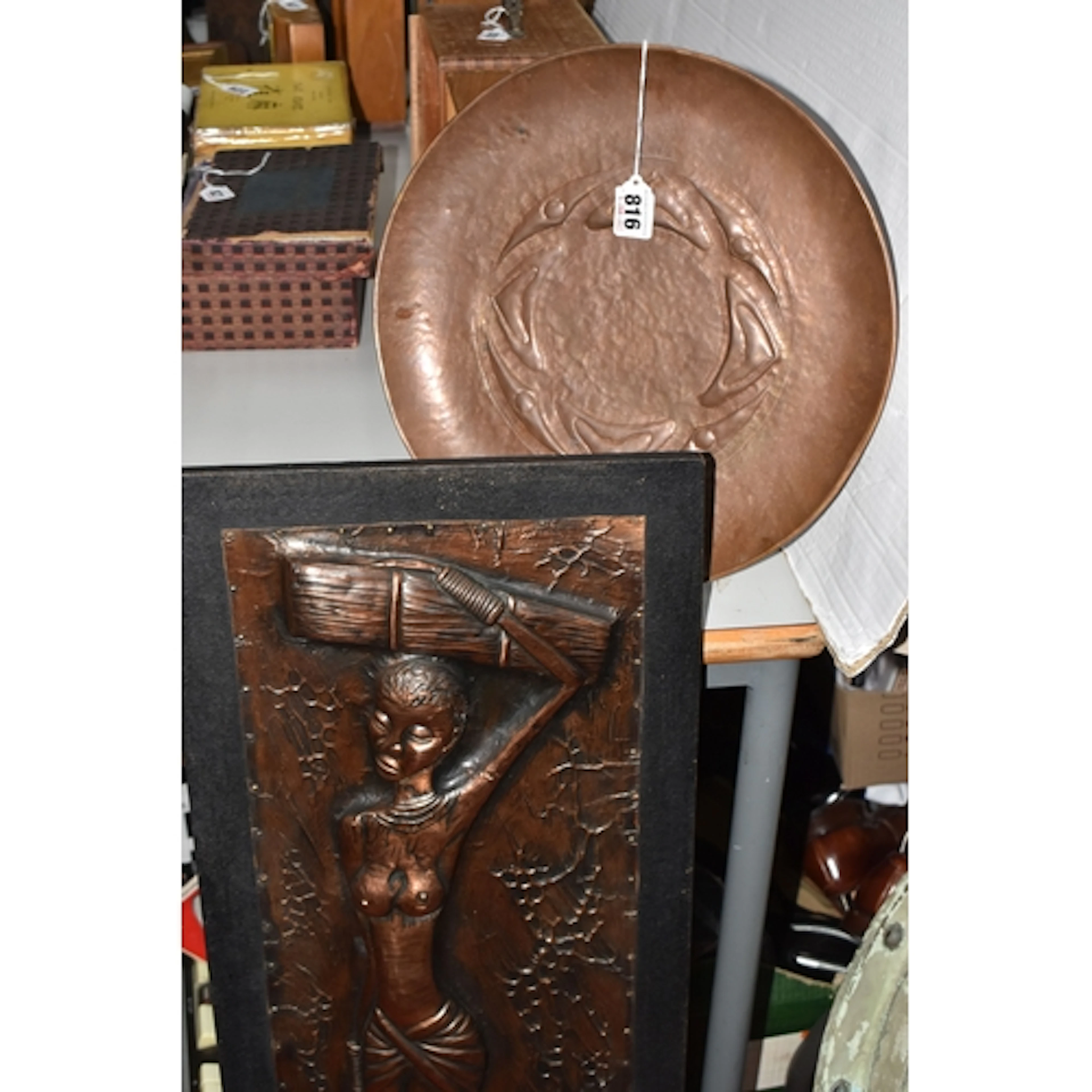 TWO COPPER DECORATIVE ITEMS to include an arts and crafts ha...