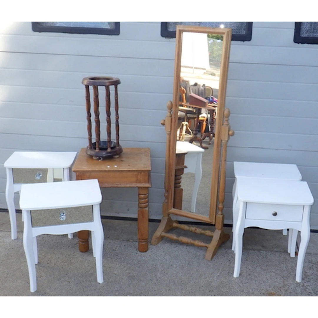 Two pairs of bedside tables, pine cheval mirror, pine occasi...