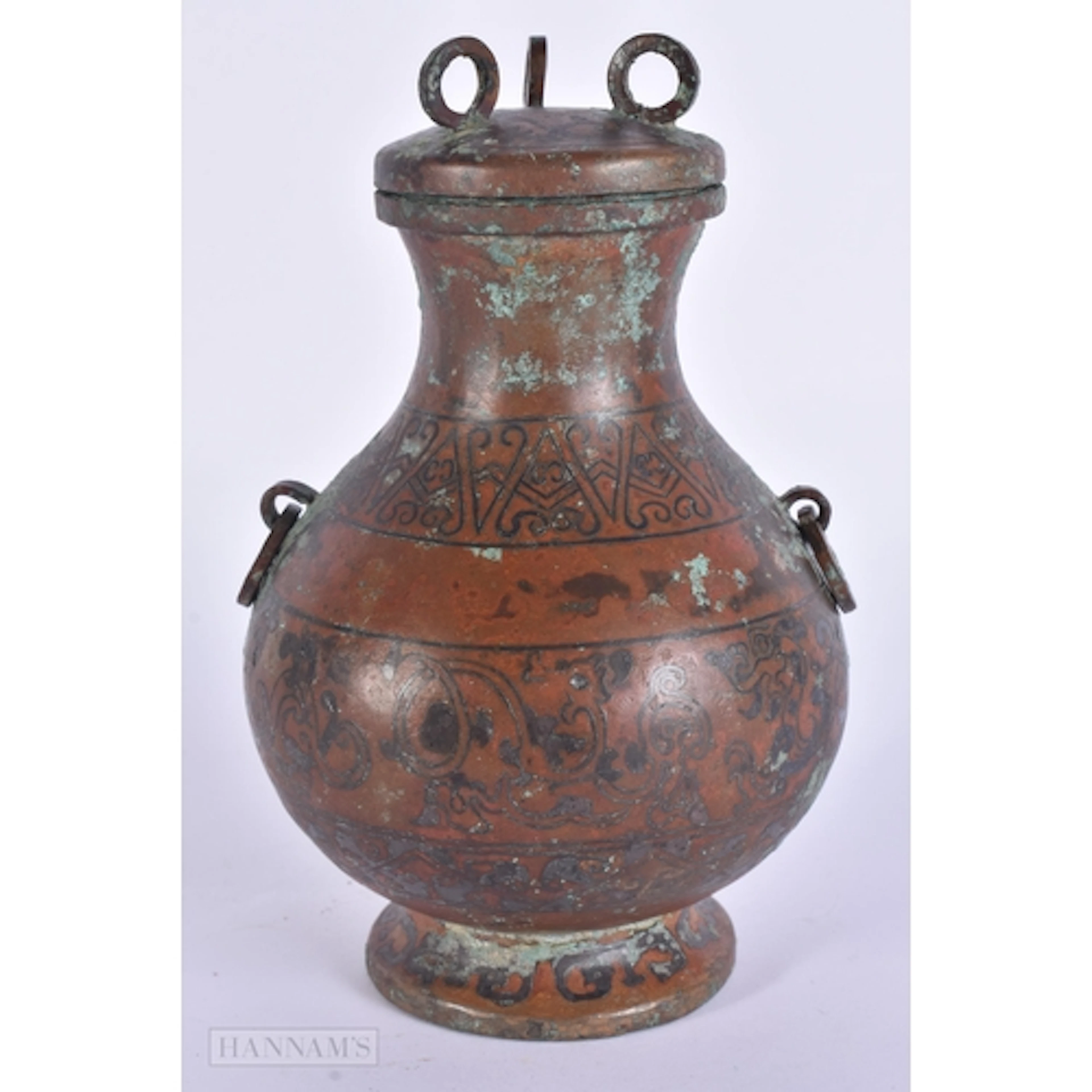 A RARE CHINESE SILVER INLAID HU FORM VASE AND COVER probably...