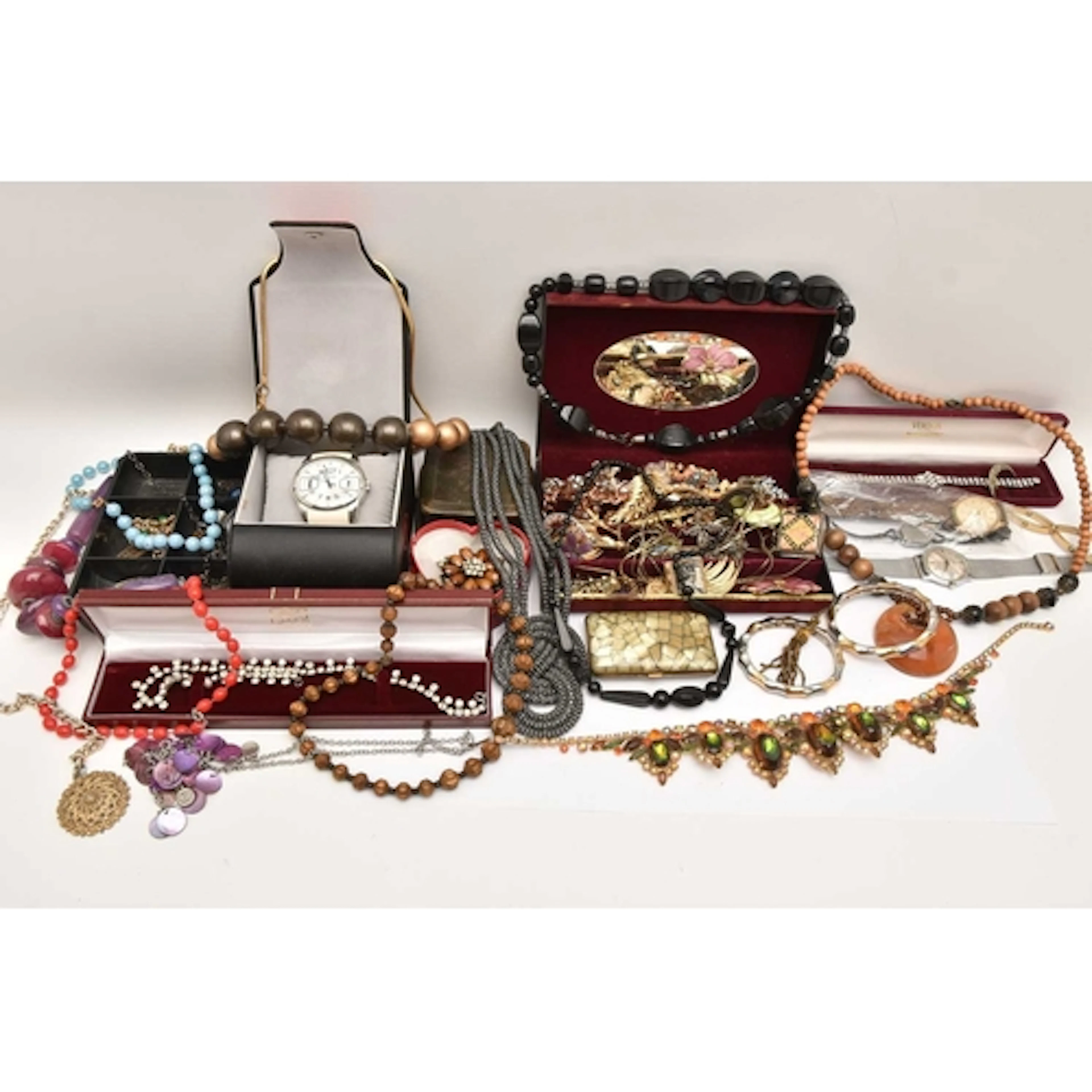 AN ASSORTMENT OF COSTUME JEWELLERY AND WATCHES, to include a...
