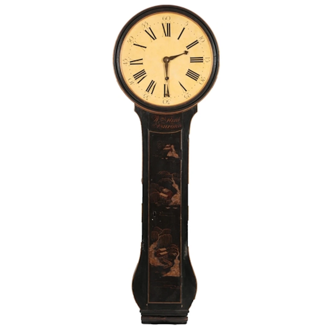 A George III black and gilt chinoiserie tavern clock, signed...