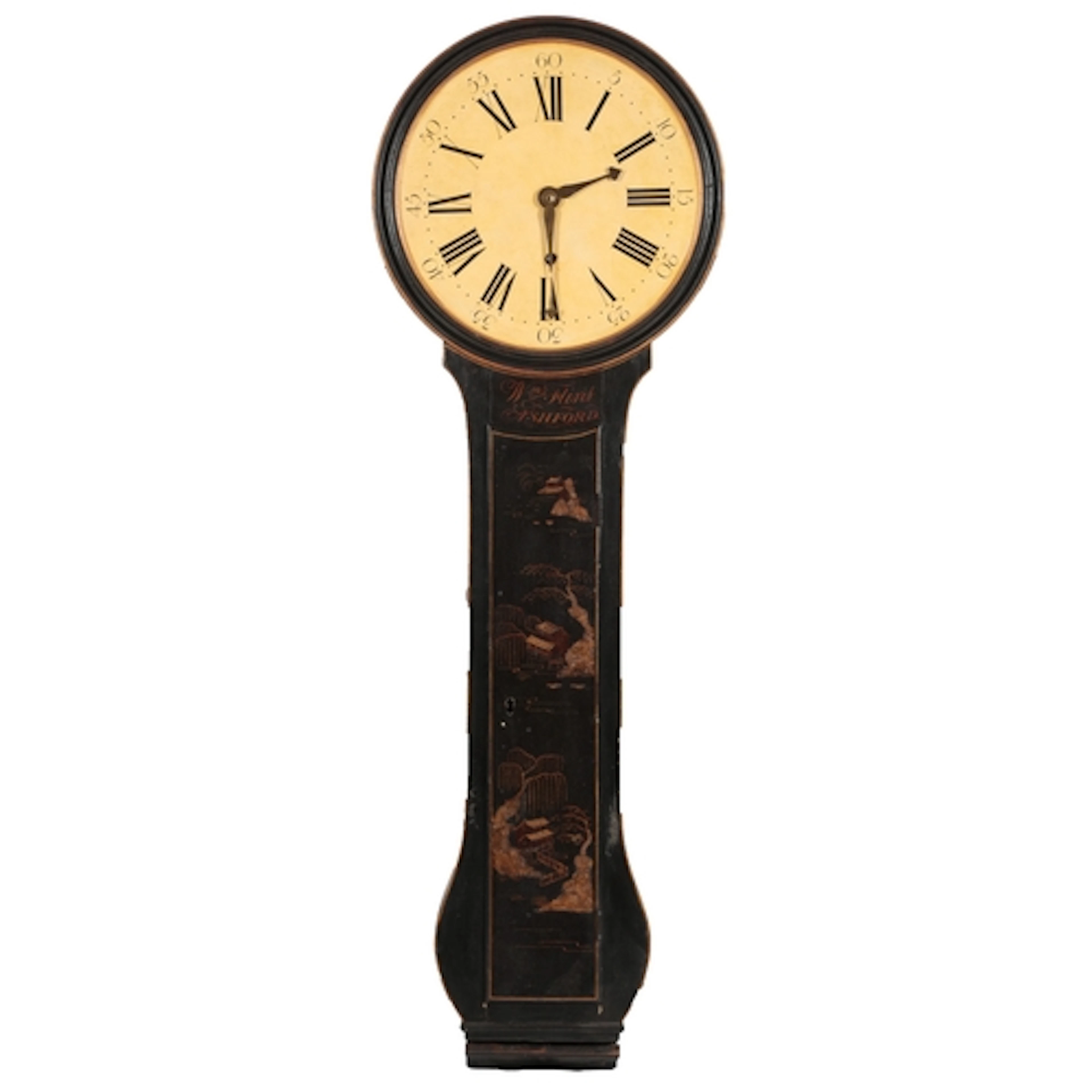 A George III black and gilt chinoiserie tavern clock, signed...