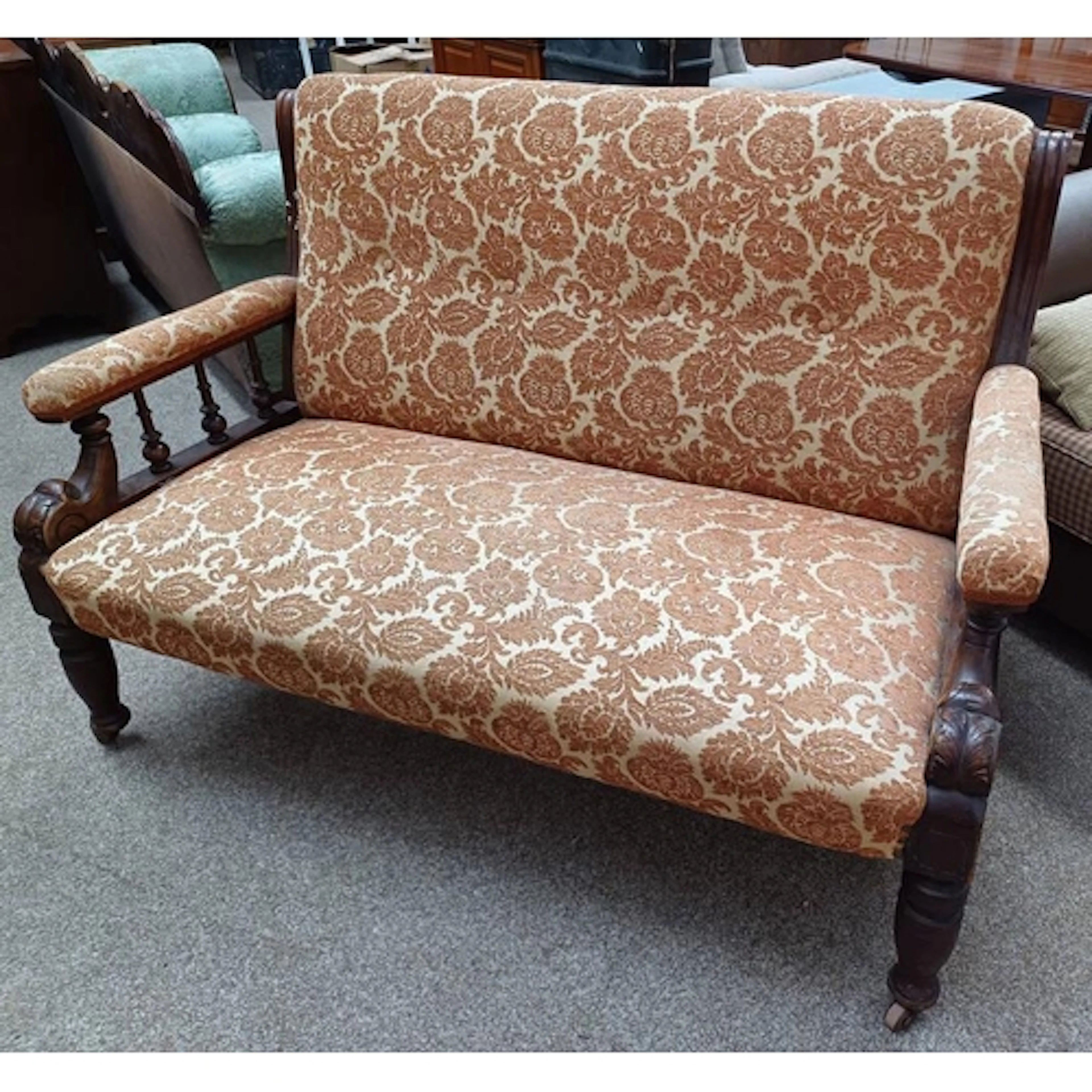 19TH CENTURY MAHOGANY FRAMED SETTEE WITH CARVED DECORATION O...