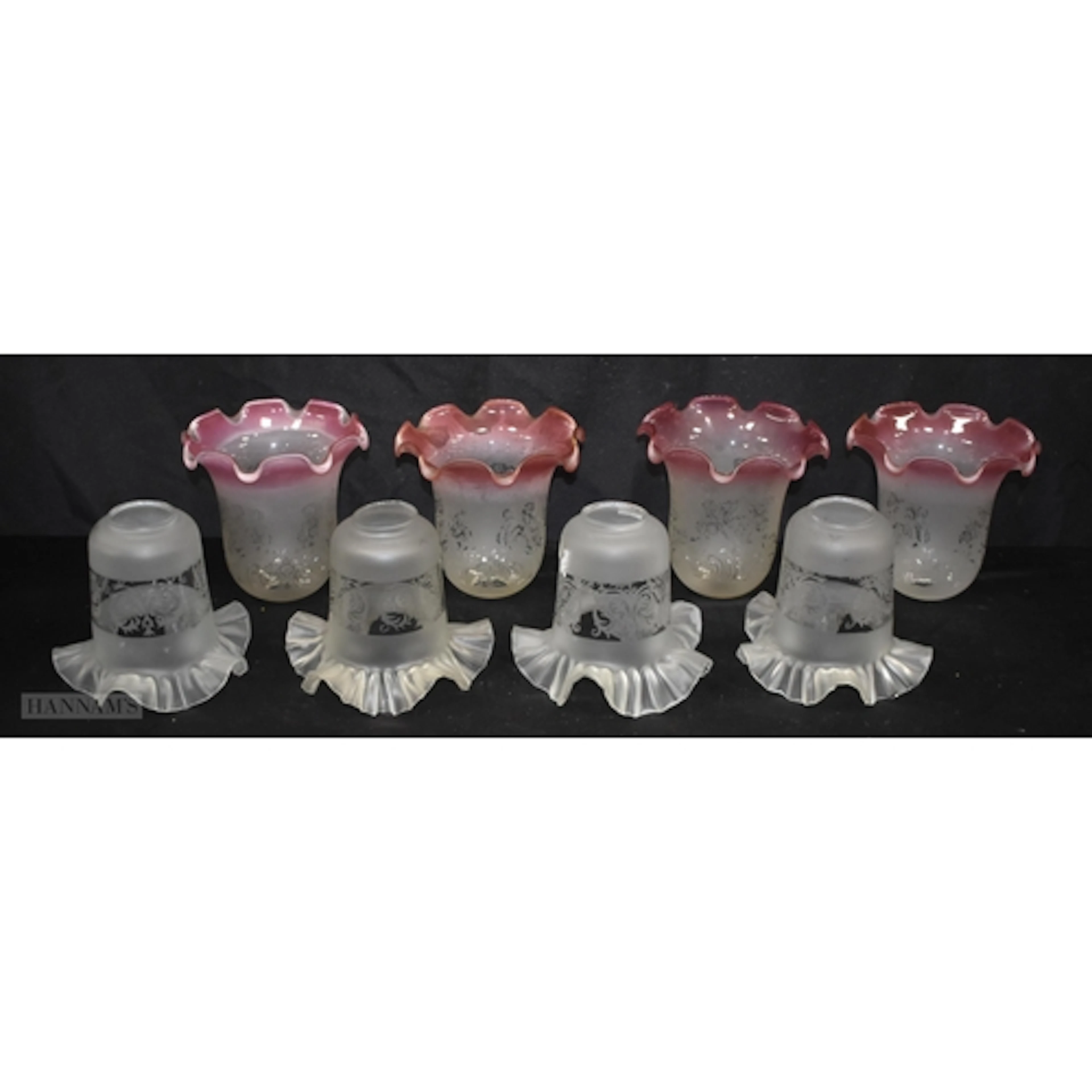 A collection of frosted glass tulip lamp shades decorated wi...