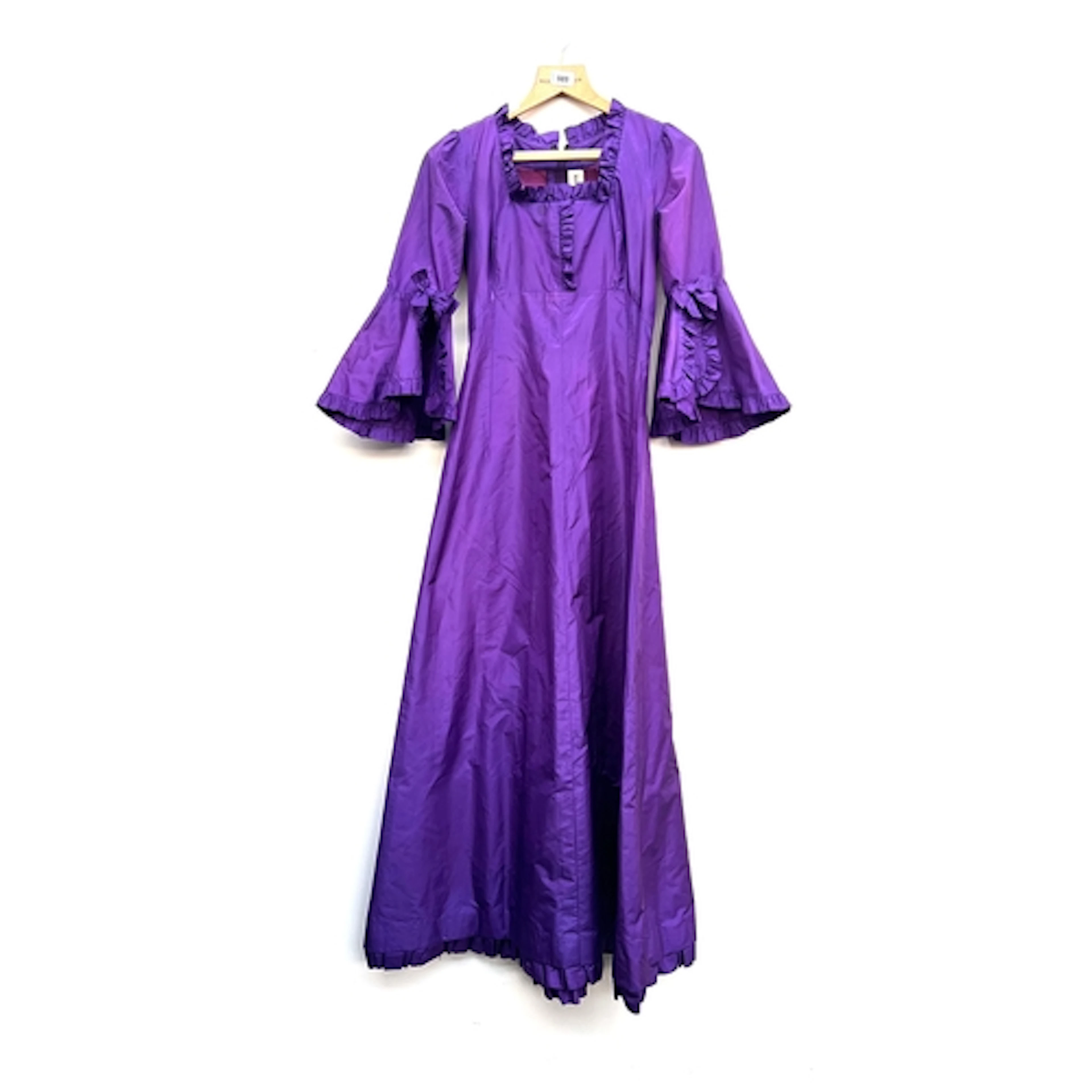 A vintage Troubadour purple long sleeved satin dress with fl...