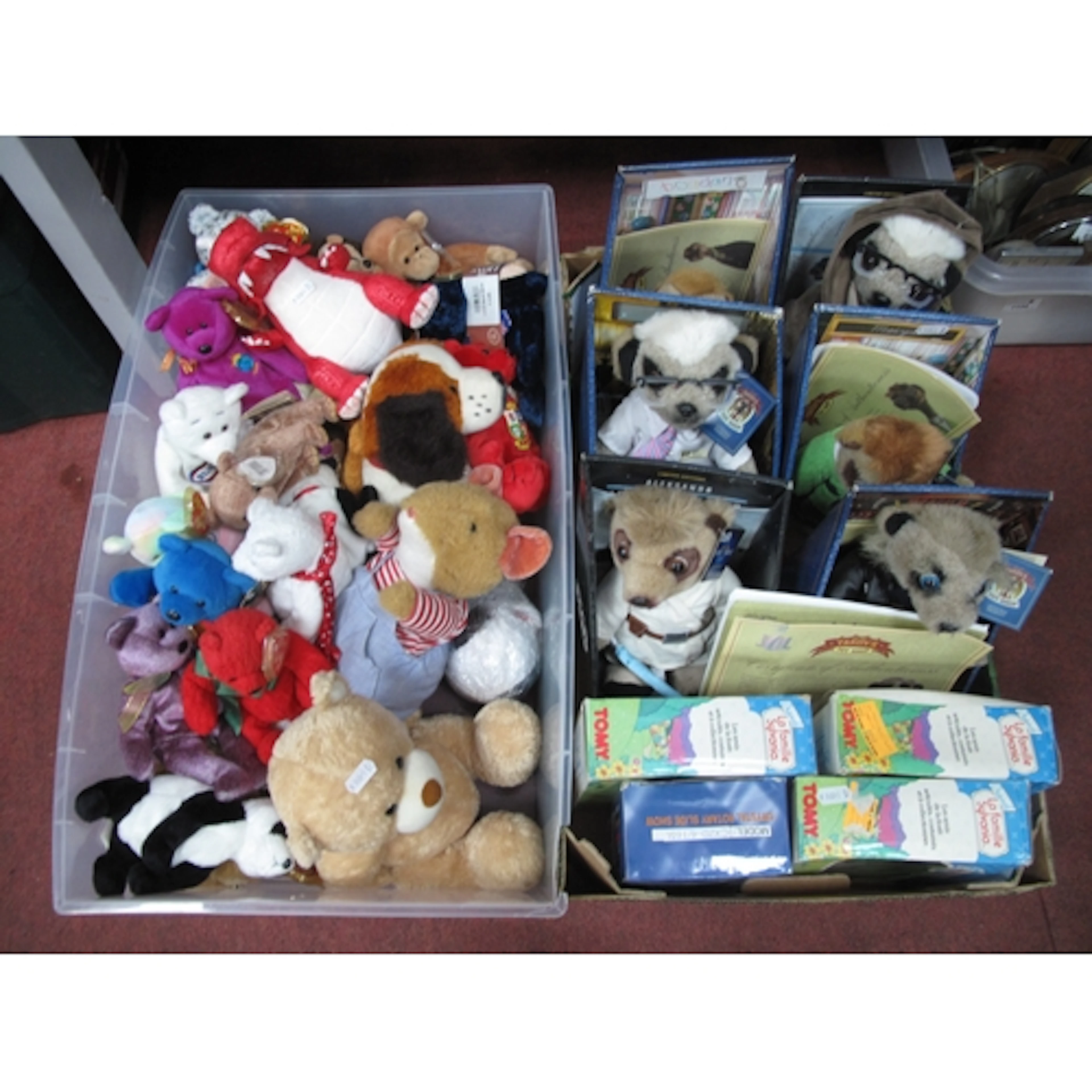 Mixed toys, including six Compare the Meerkat plush figures ...