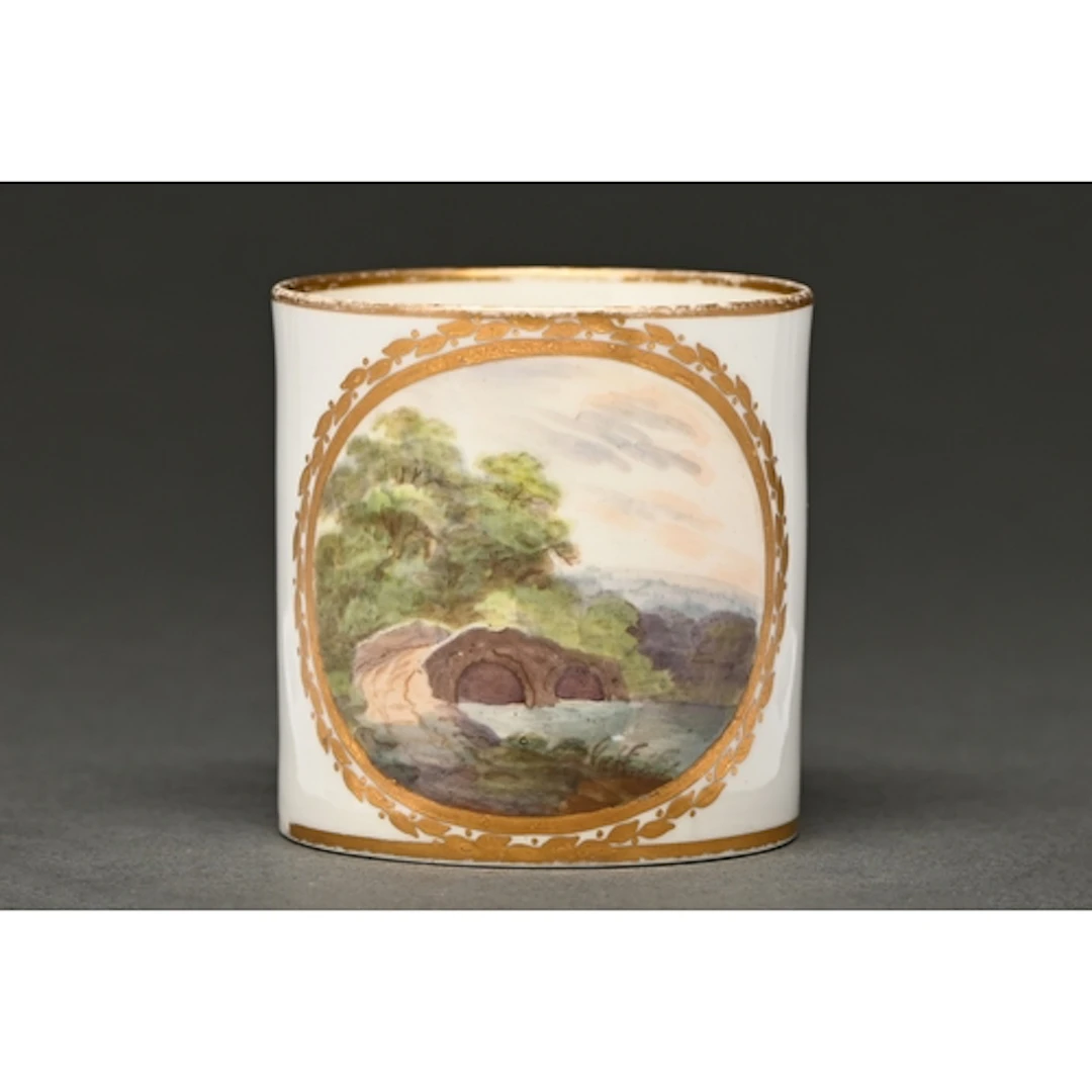 A Pinxton coffee can, c1805, pattern 174, painted with a pol...