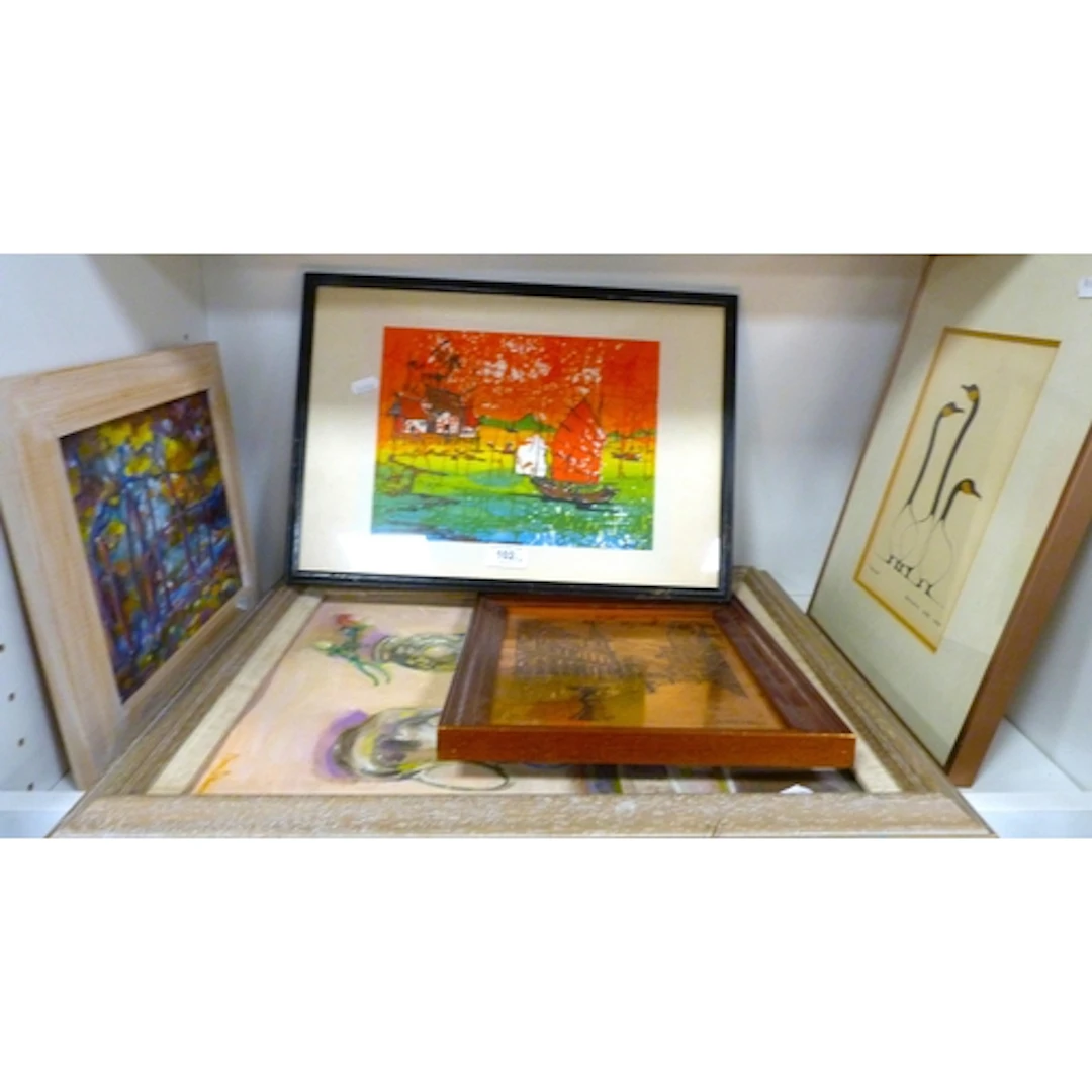 Shelf of pictures and prints to include a still life 'Orname...
