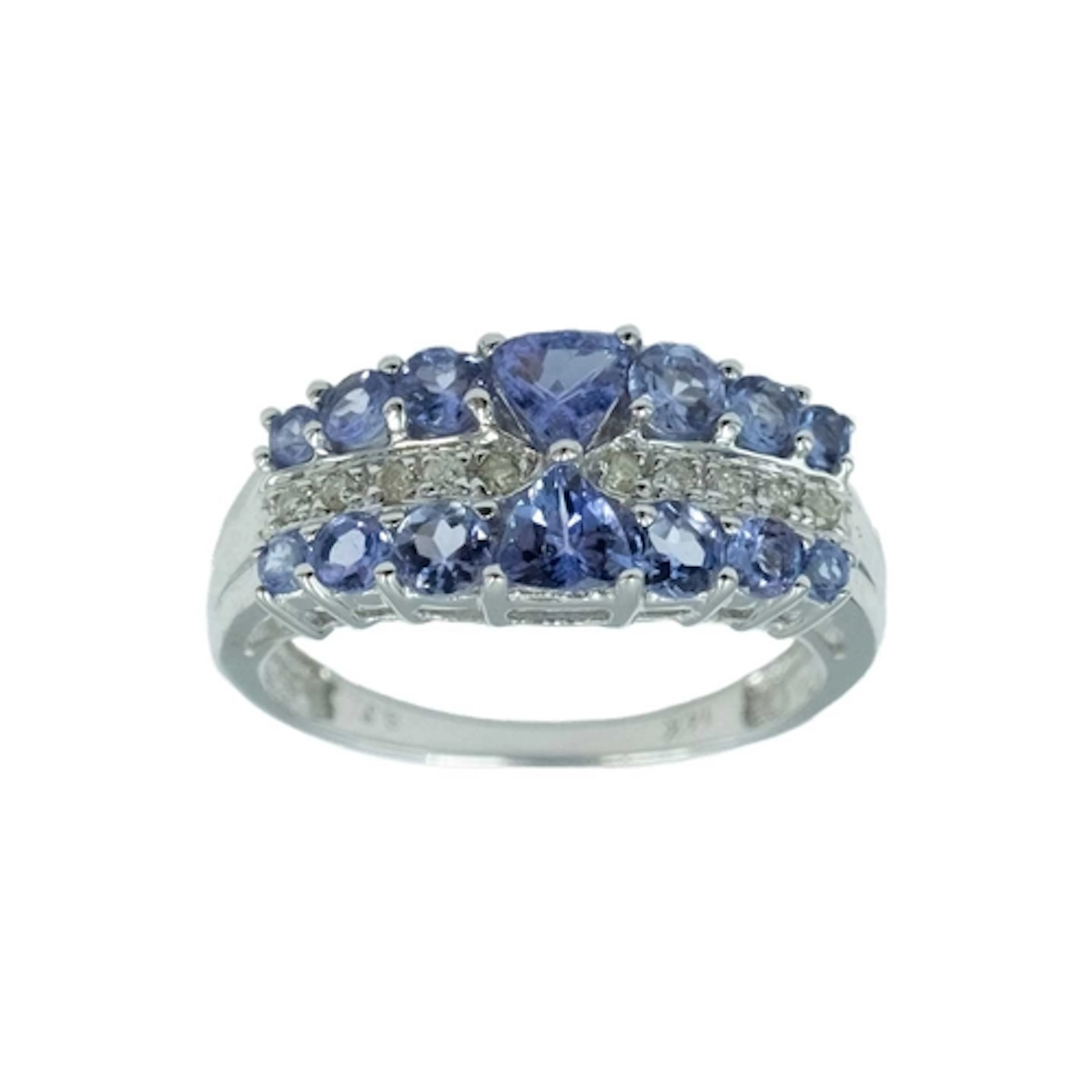 A modern tanzanite and diamond dress ring, set in white gold...