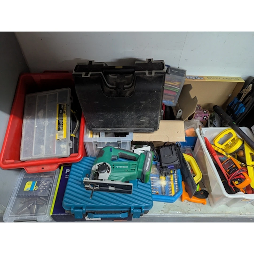 Tools to include jigsaw, drill, hand saws, chisels, spanners...