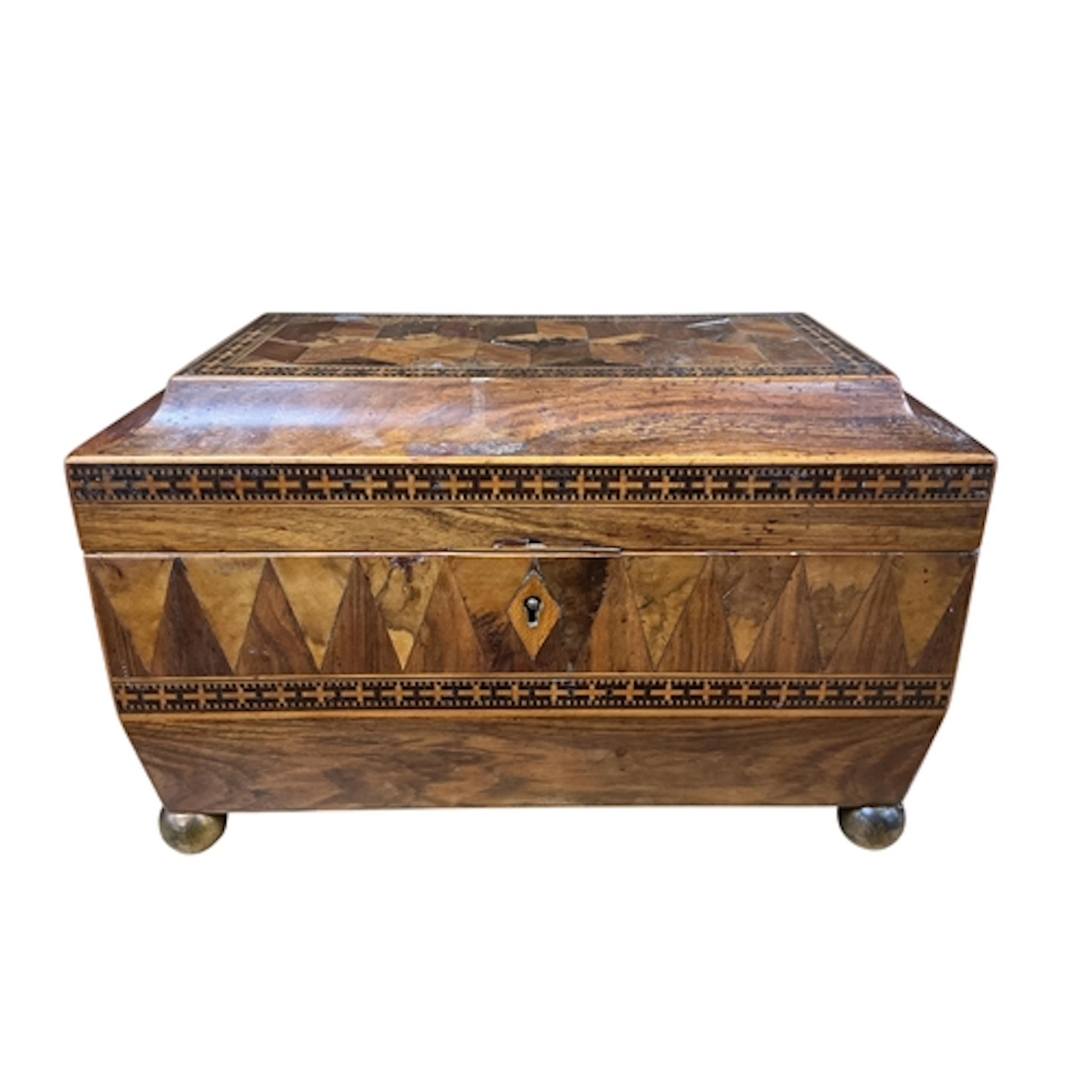 A Regency parquetry inlaid specimen wood sarcophagus tea cad...