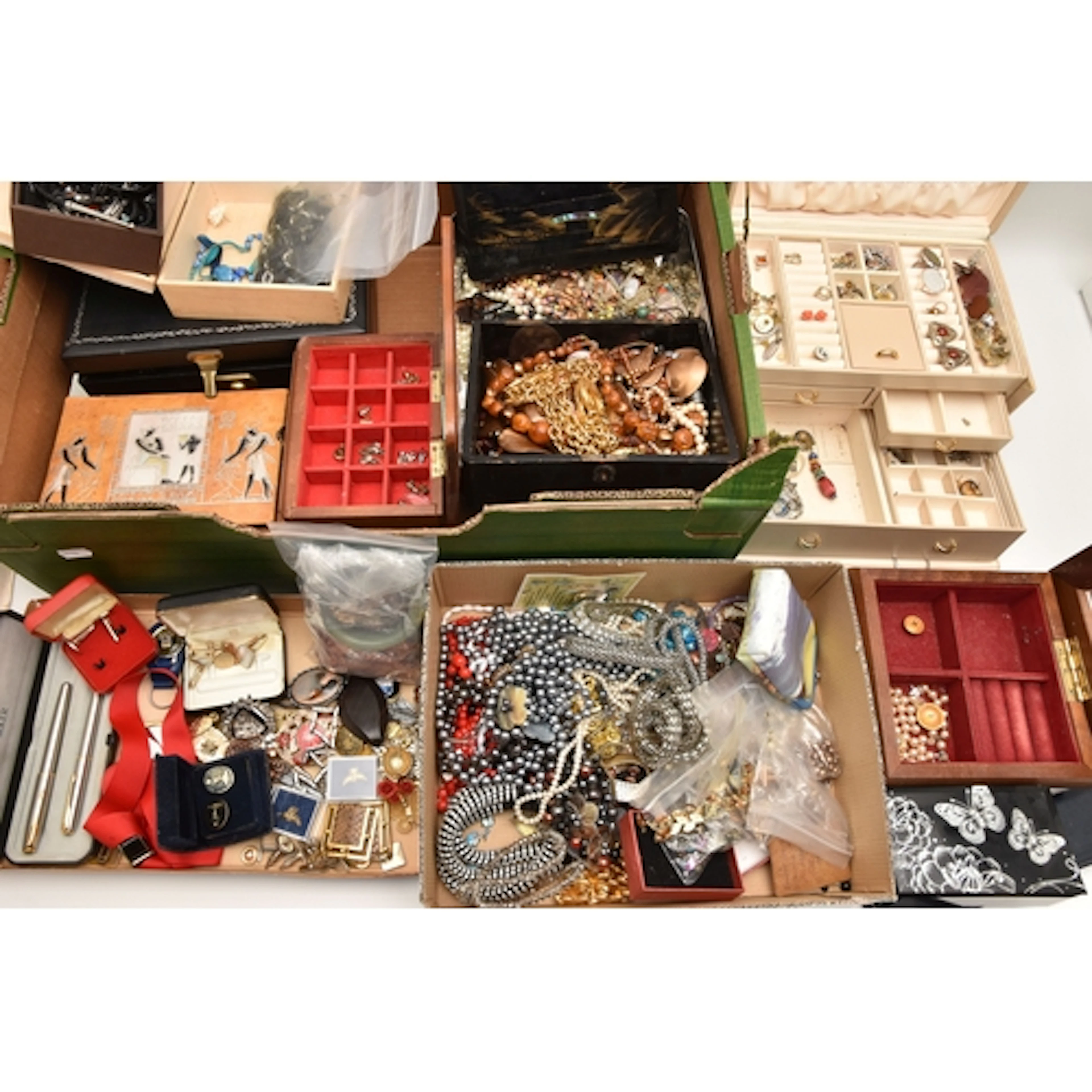 A BOX OF ASSORTED COSTUME JEWELLERY, JEWELLERY BOXES ETC, to...