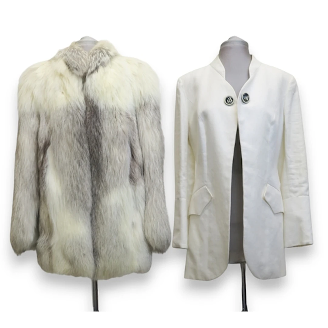A white fur jacket and a Bazar de Christian Lacroix linen lo...