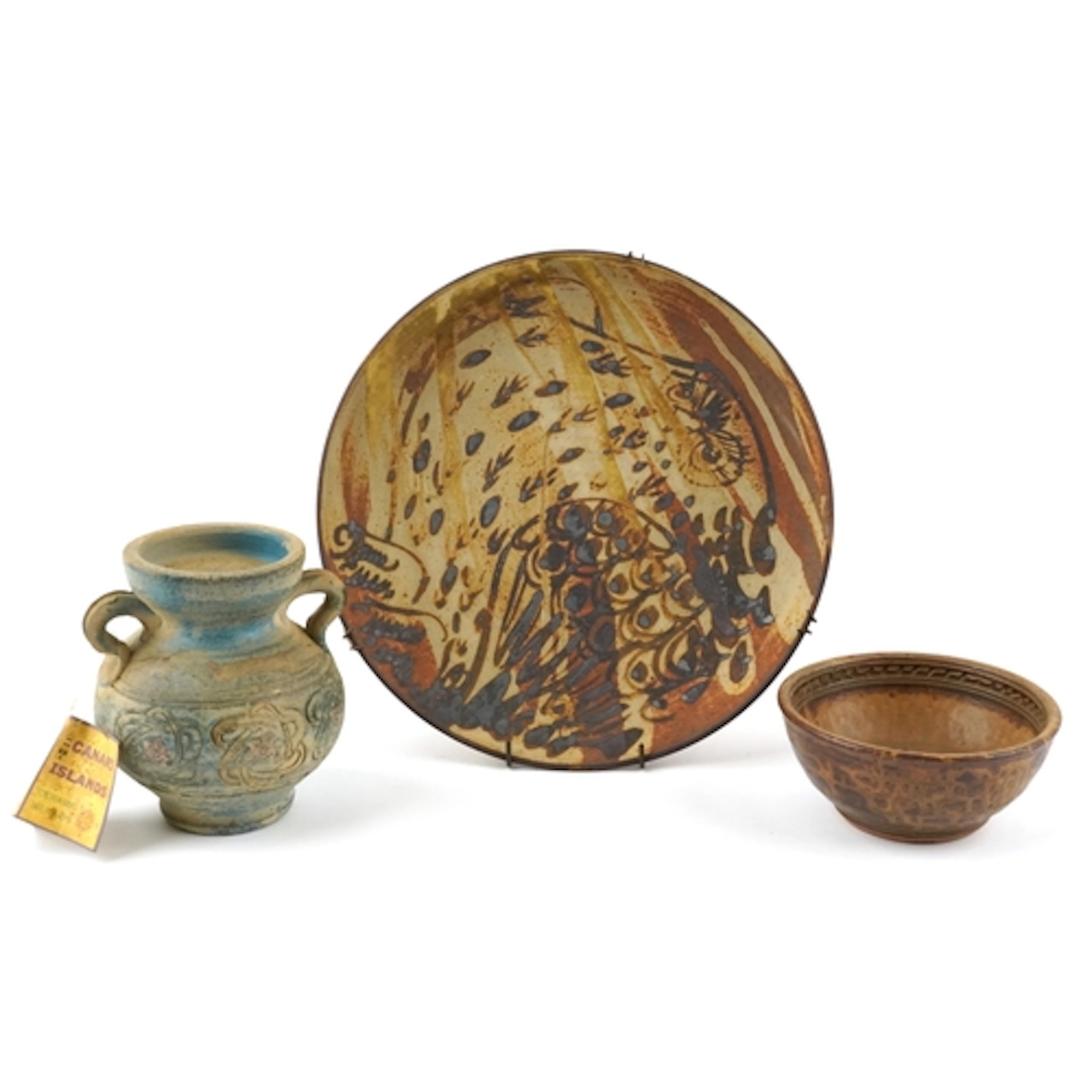 Group of three studio pottery items comprising a large stone...