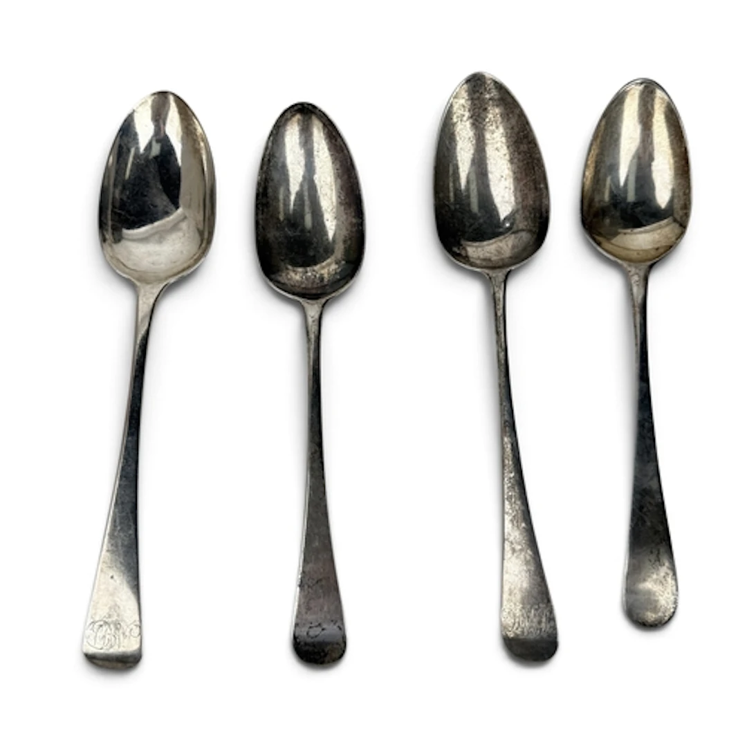 FOUR GEORGE III SILVER OLD ENGLISH PATTERN TABLE AND DESSERT...