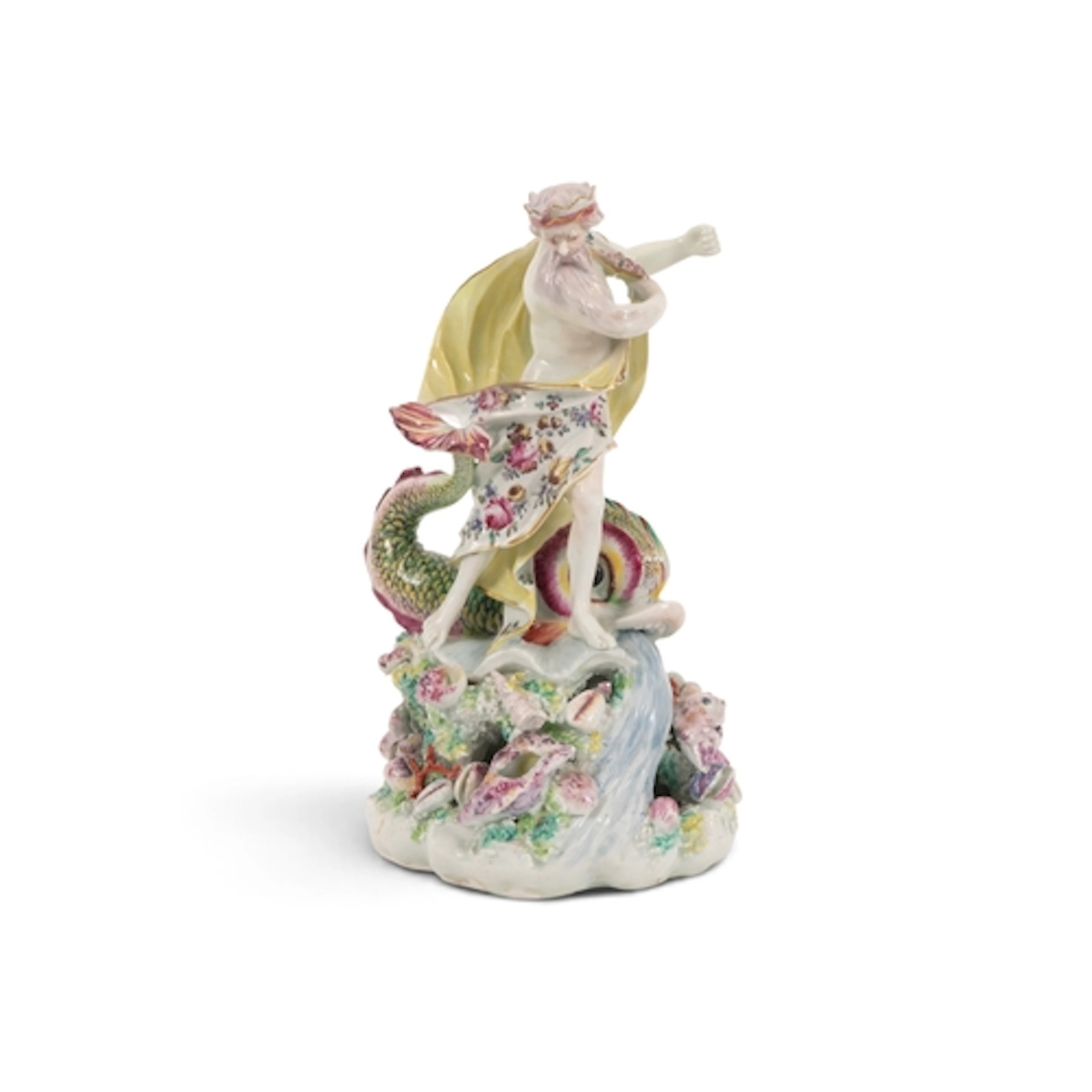 A Derby figure of Neptune, c.1760, standing in dramatic pose...