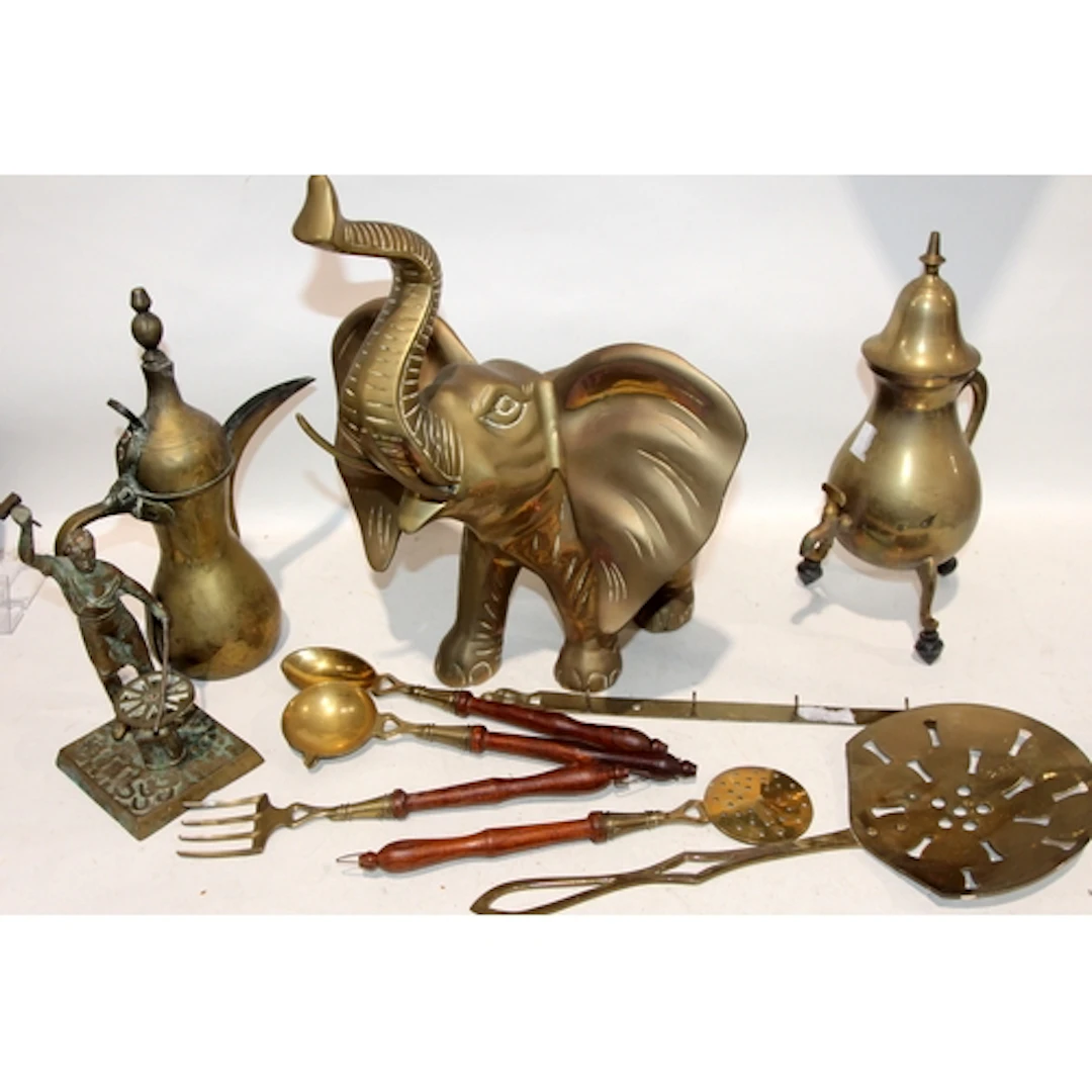 Large and heavy brass elephant 42cms tall c/w other brasswar...