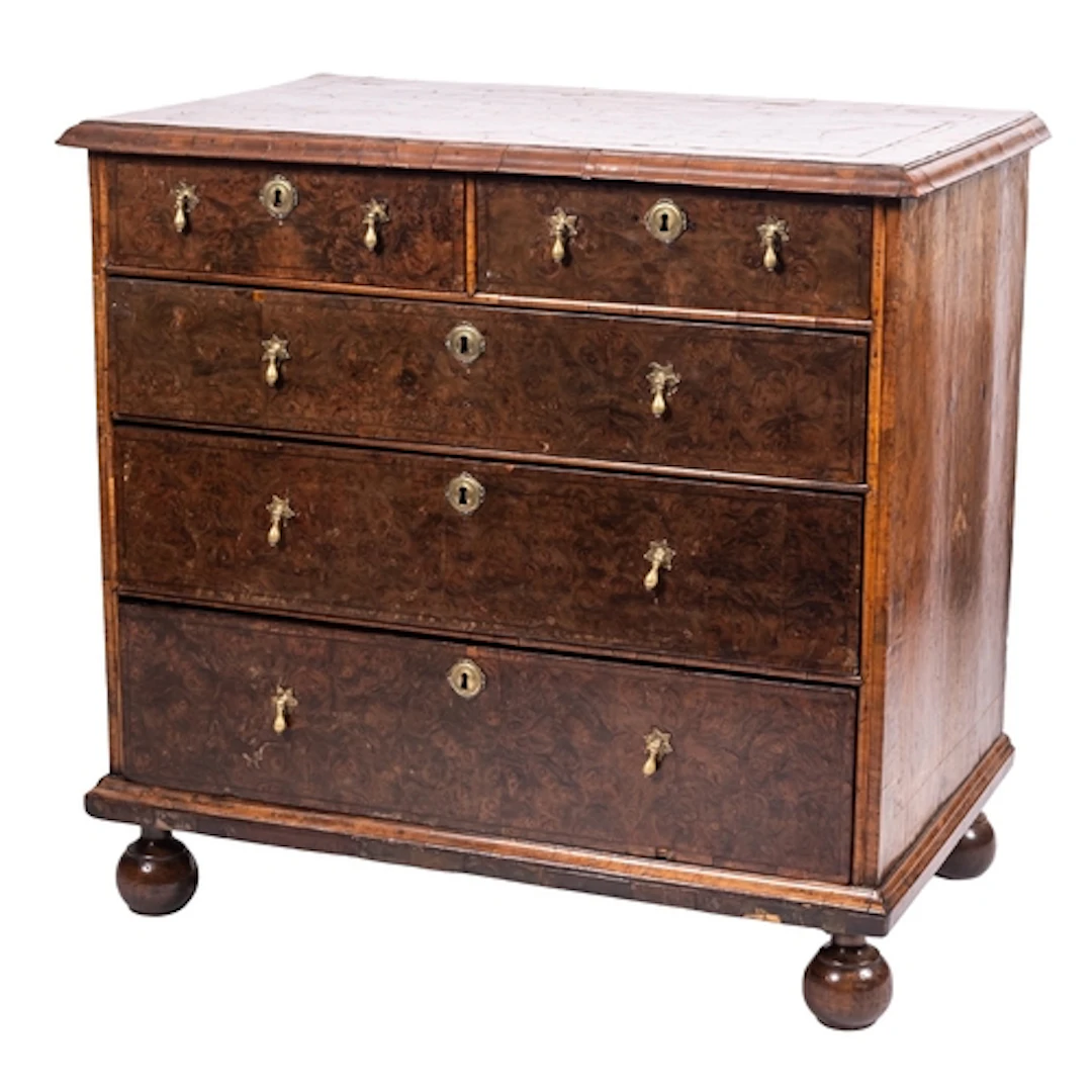 A Queen Anne burr walnut, banded and line-inlaid chest of dr...
