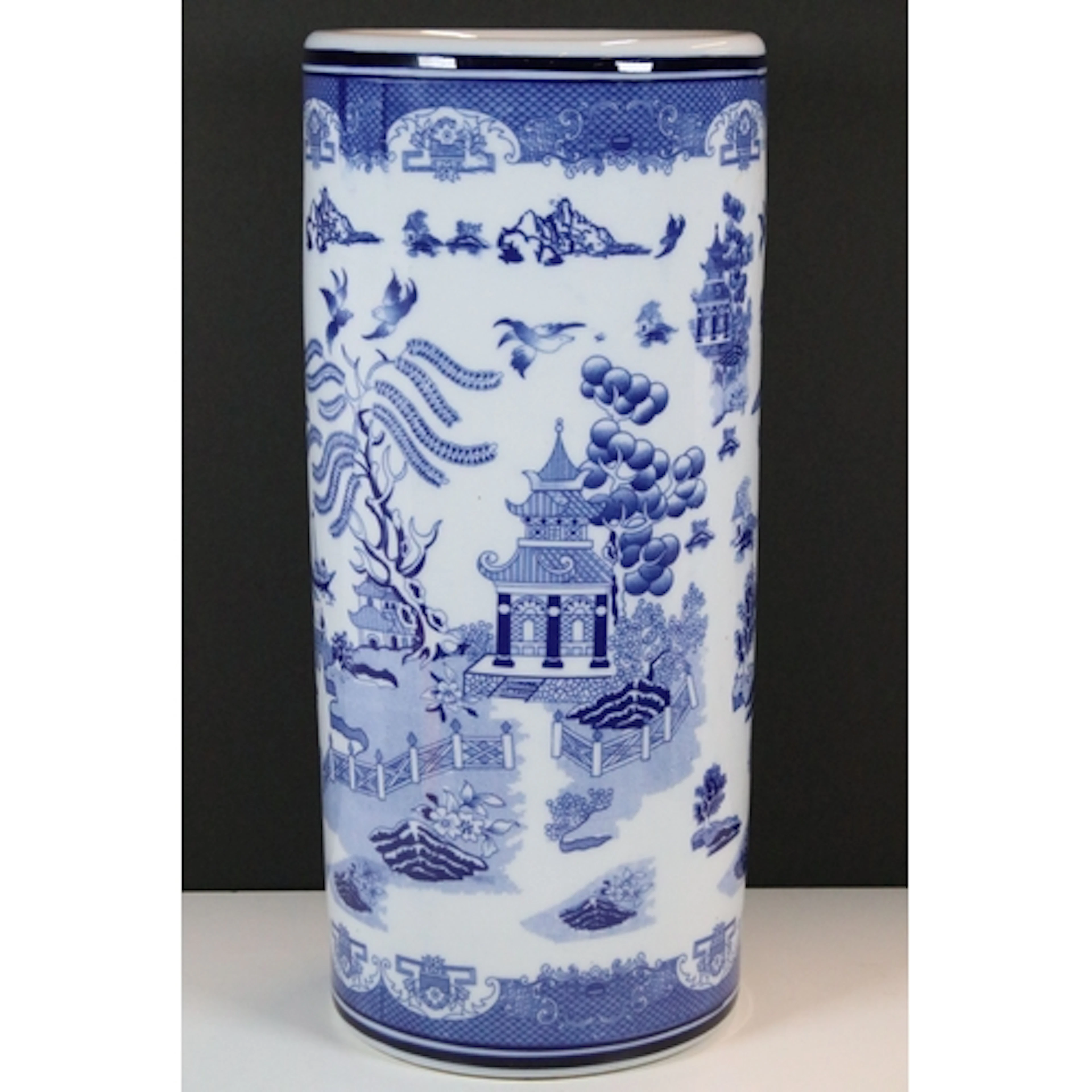 20th century blue and white willow pattern stick stand. Meas...