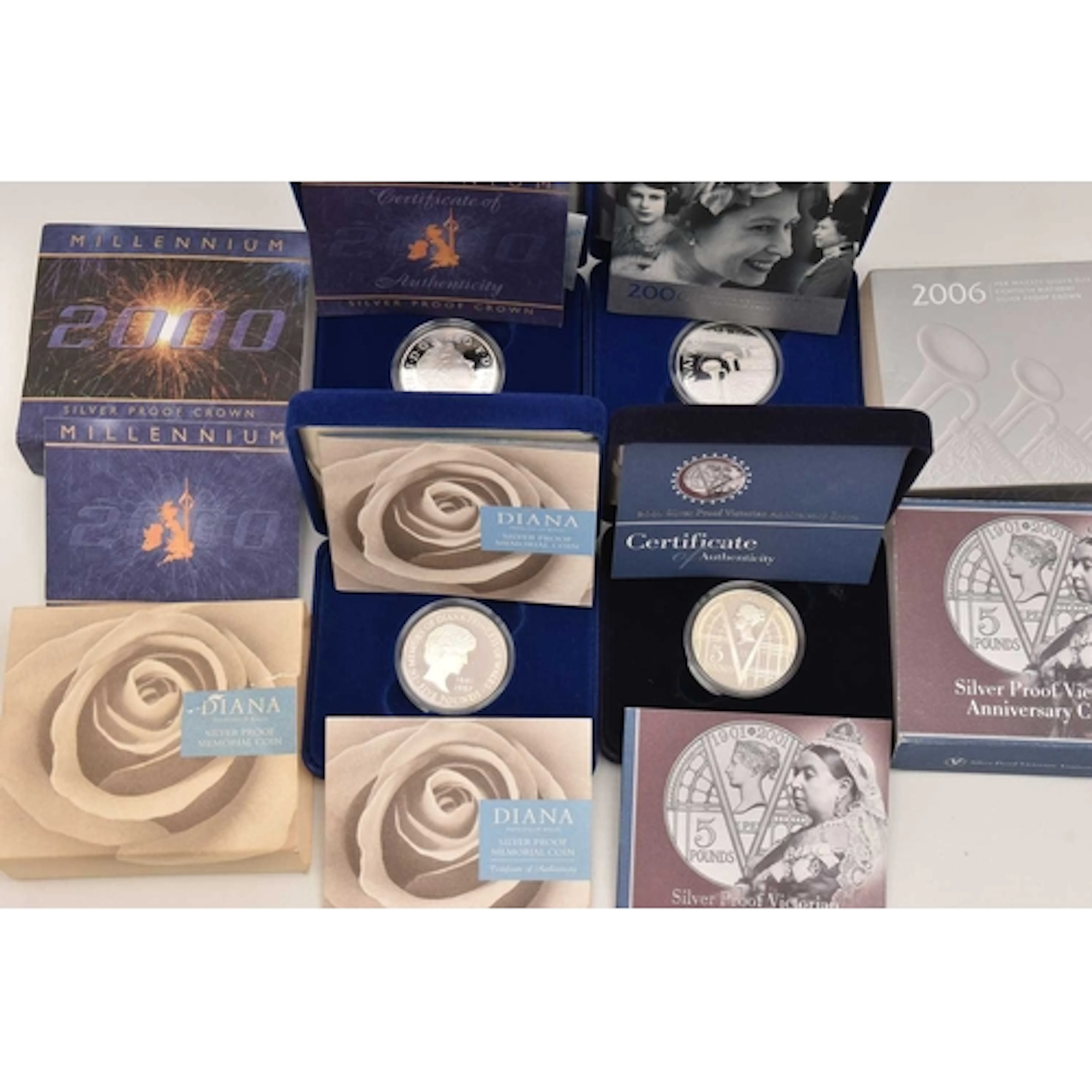 Silver. 4 x cased UK Proof Silver £5 with COAs, dated 1999, ...