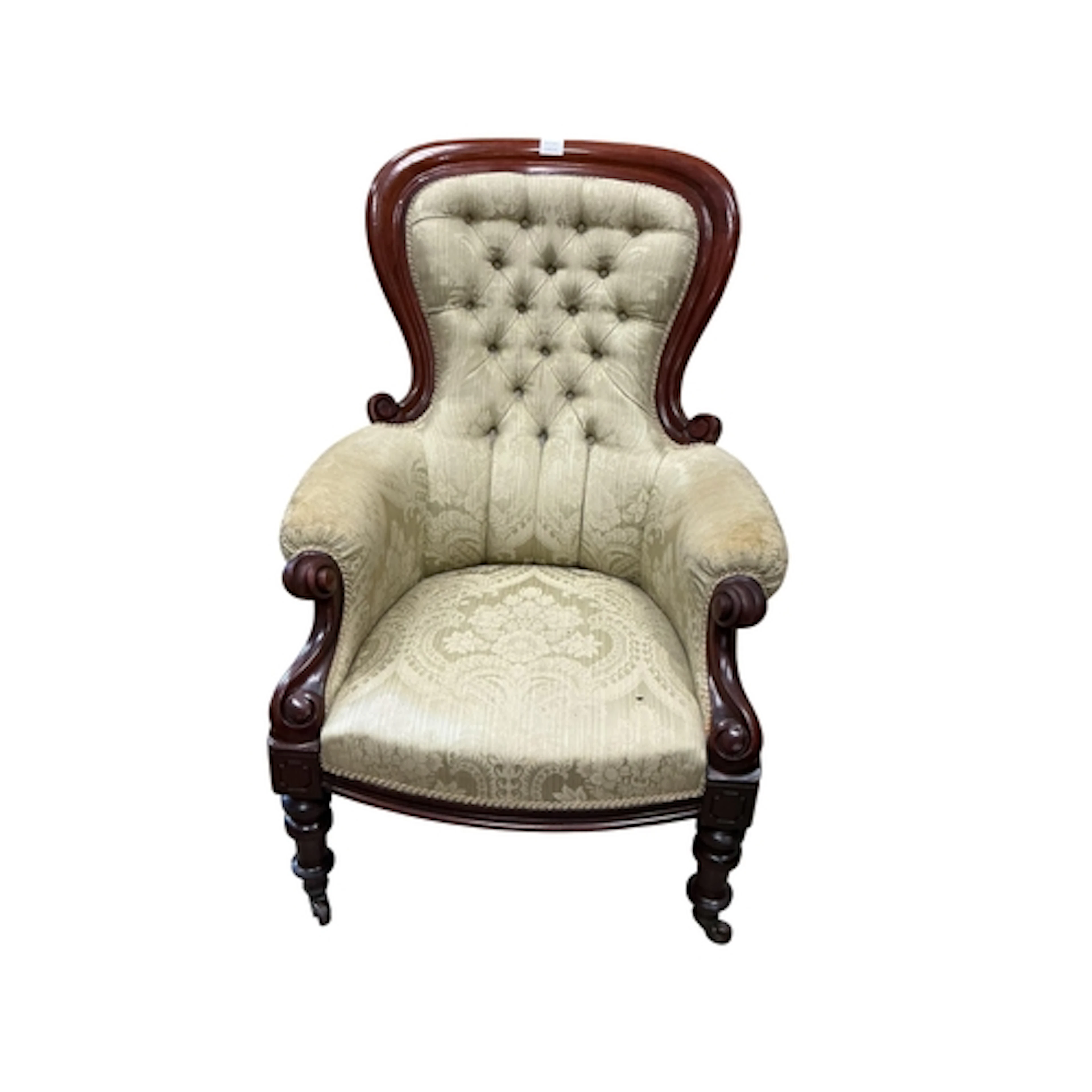 A Victorian mahogany spoonback armchair, width 75cm, depth 6...