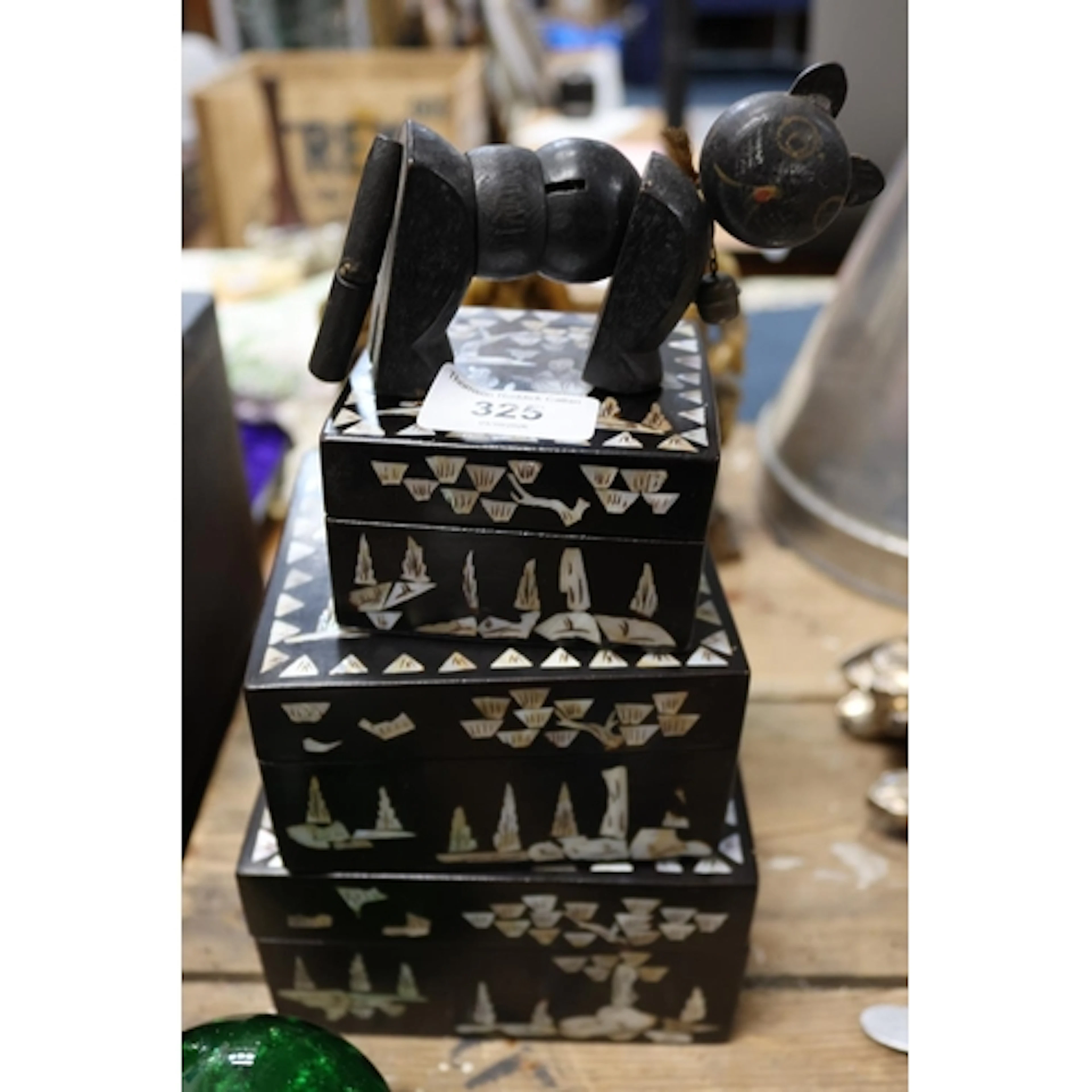 Set of three Oriental nesting boxes and a Japanese wooden to...