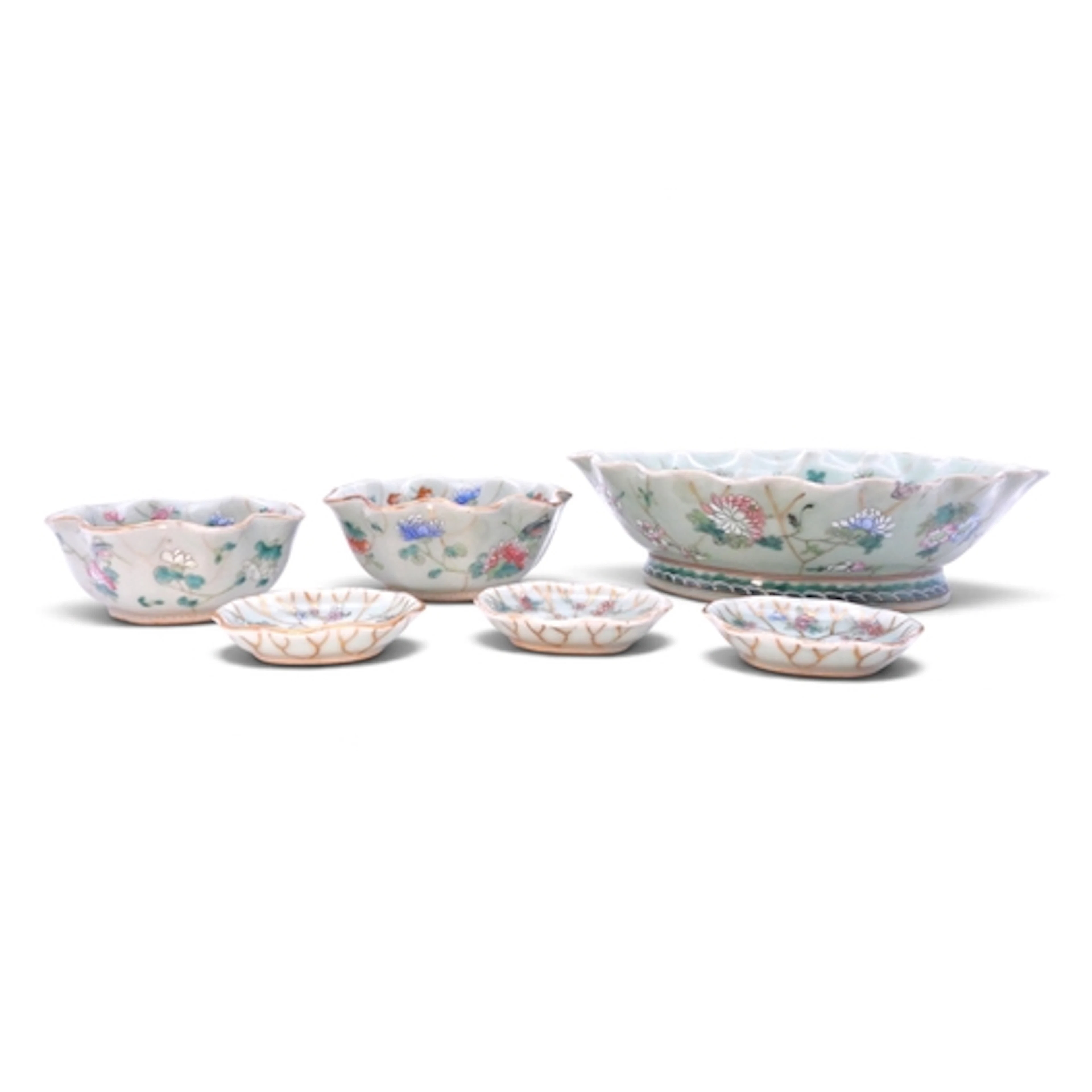 A Canton celadon suite Comprising;leaf shaped oval bowl,27c...