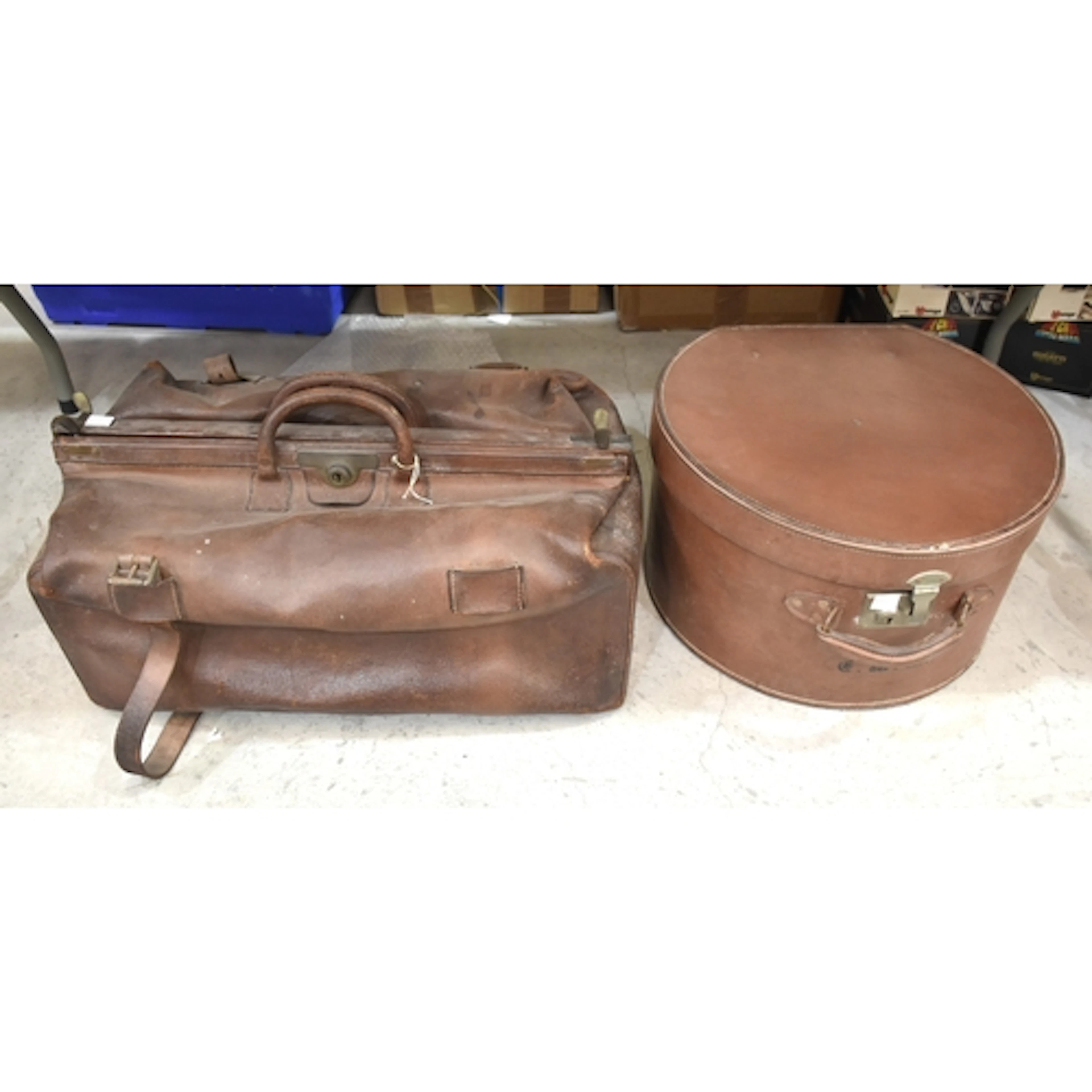 A leather Gladstone bag, 64cm wide, and a leather hat box, 4...