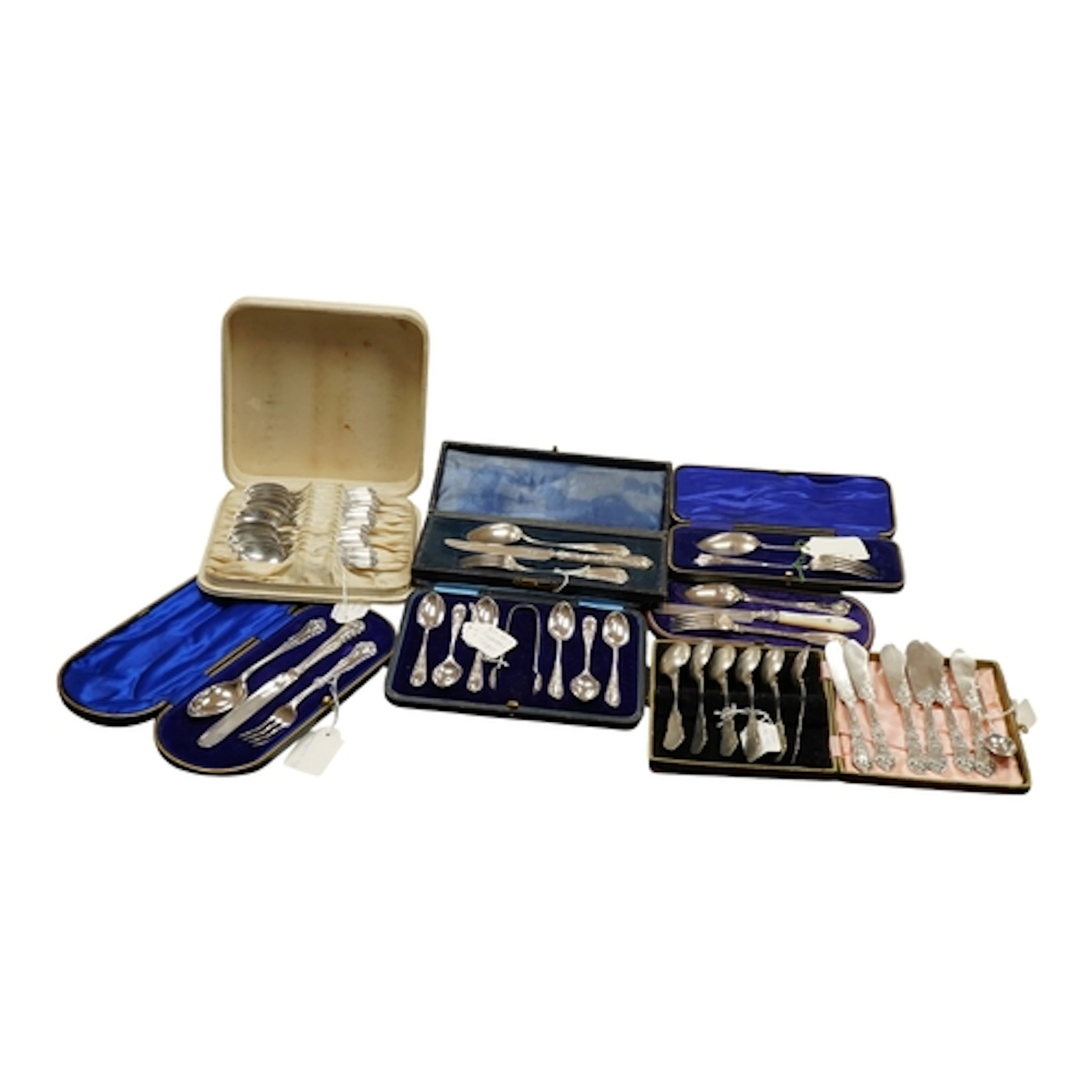 Two cased silver christening sets including George V trio by...