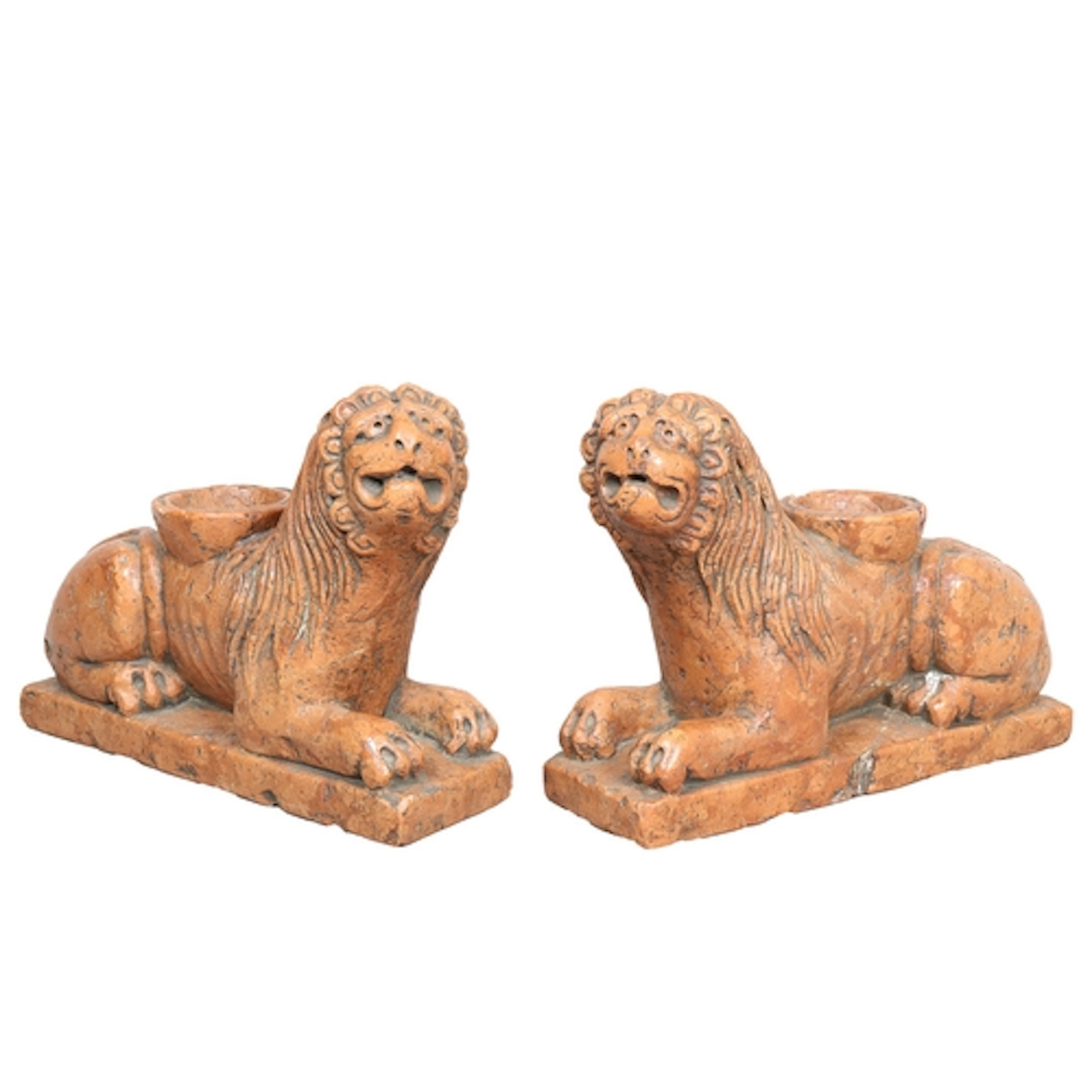A PAIR OF 13TH/14TH CENTURY MARBLE STYLOBATE LIONS. Modelled...