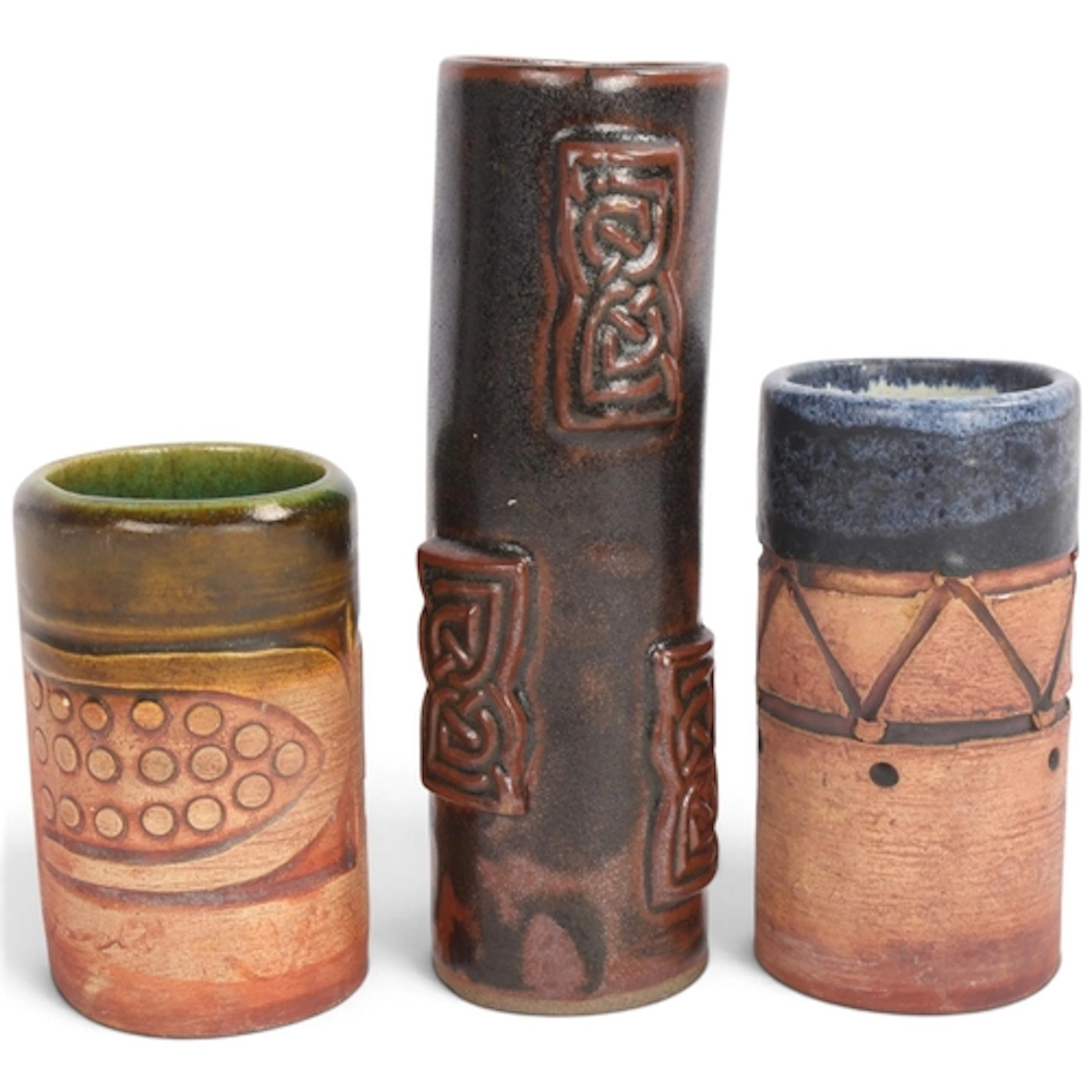 Two Brutalist stoneware cylinder vases by BOB DAWE, circa 19...