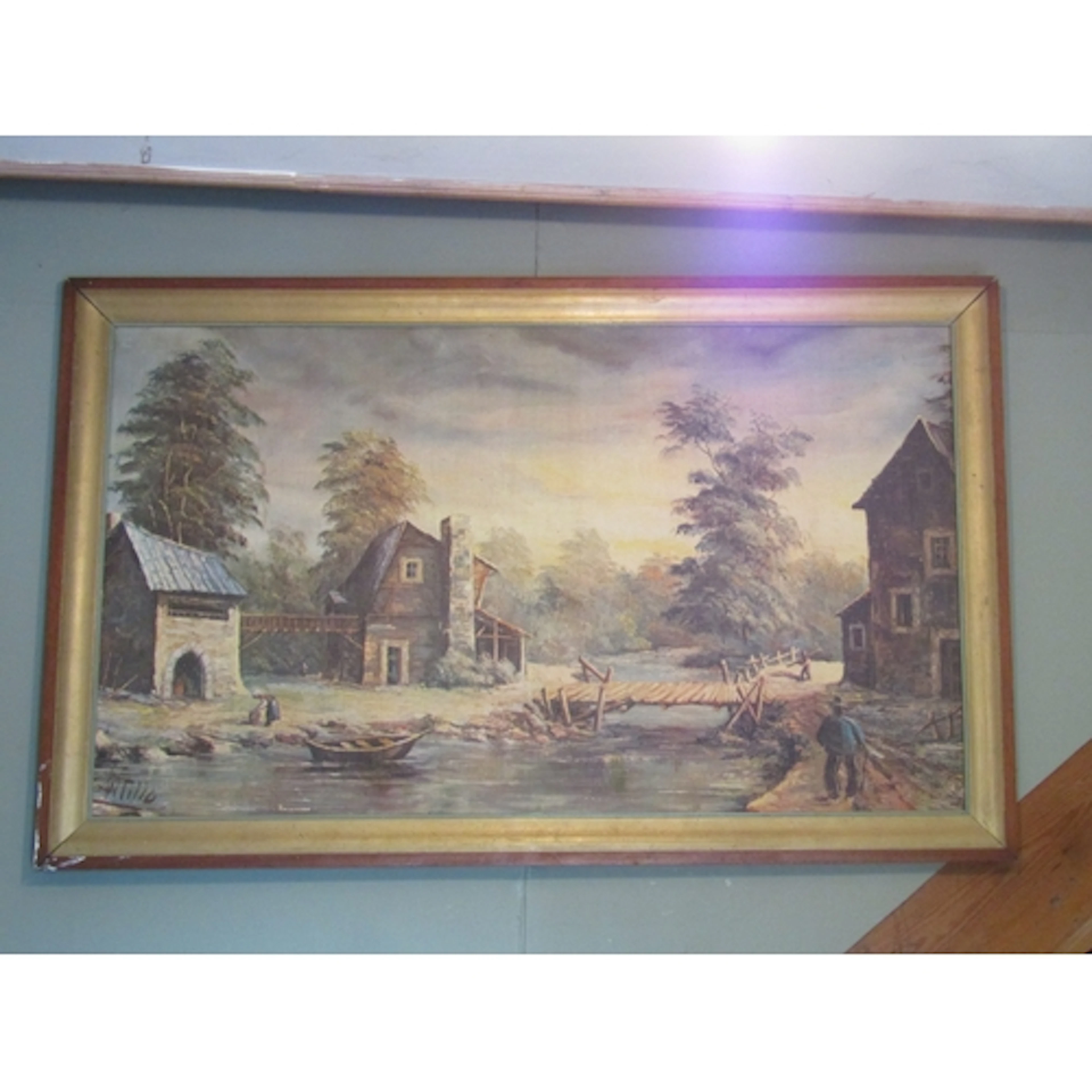 Large Painting River Scene with Buildings and Woods Beyond S...