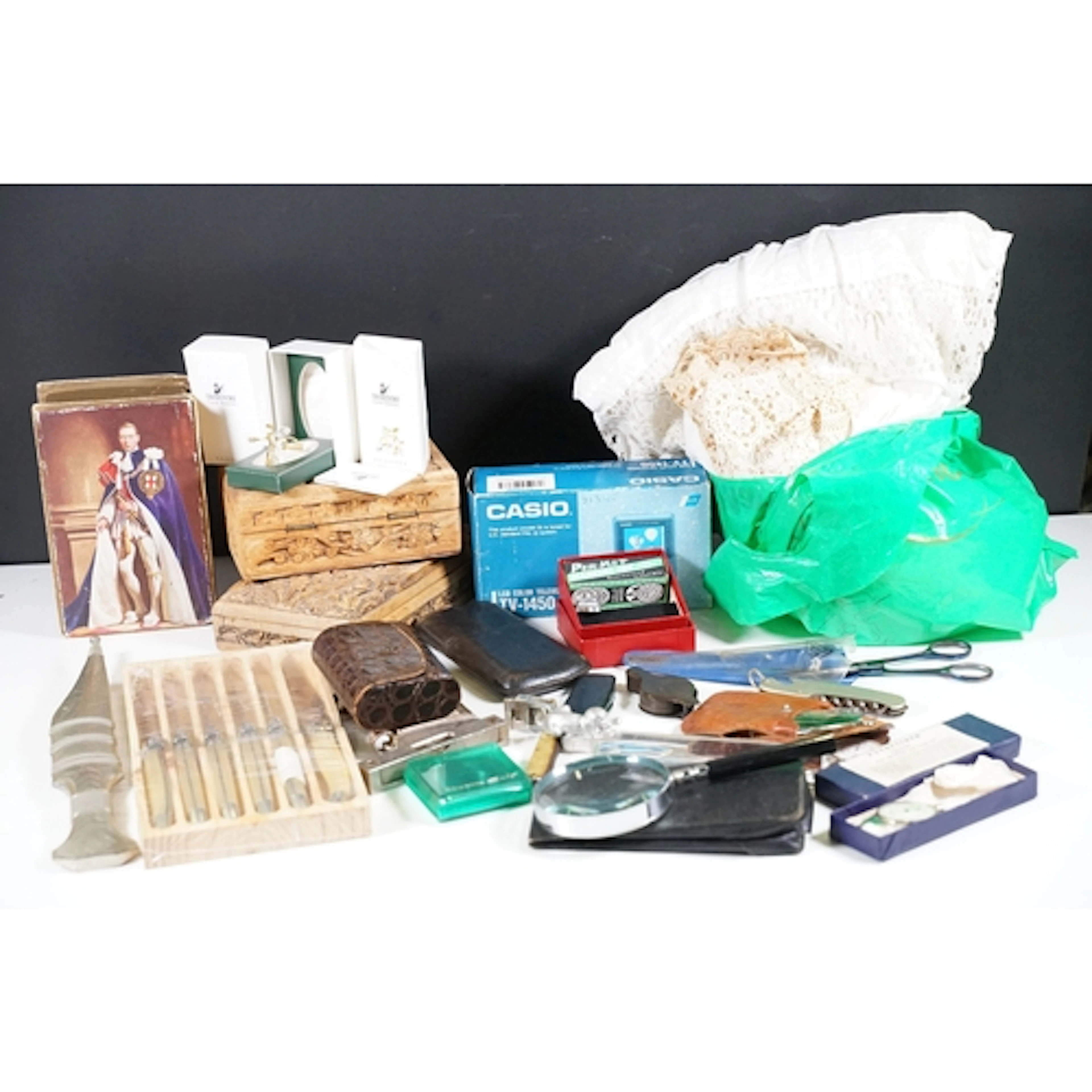 Mixed collectibles to include hand made antique lace sample ...