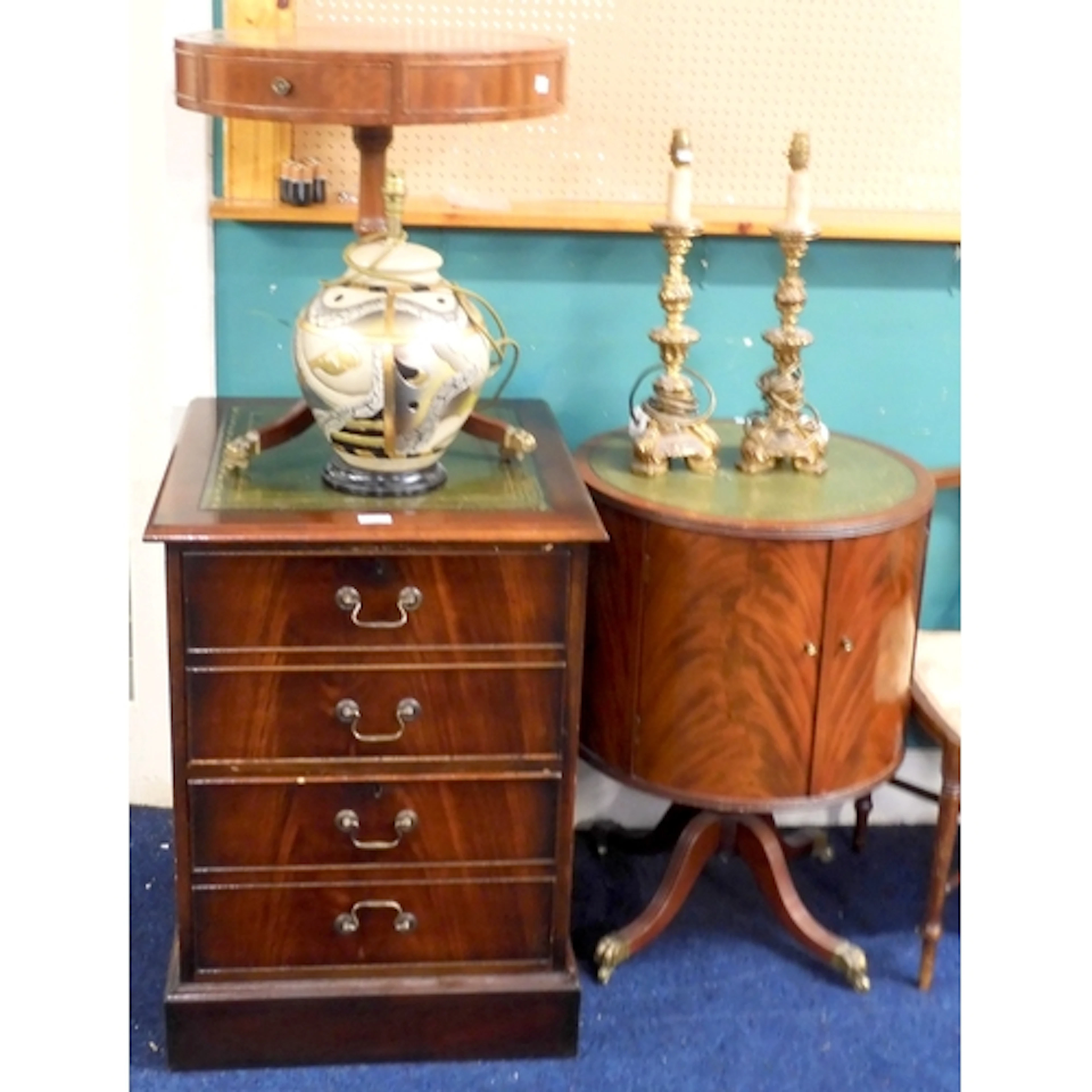 A mixed lot comprising a 20th century mahogany veneered skiv...