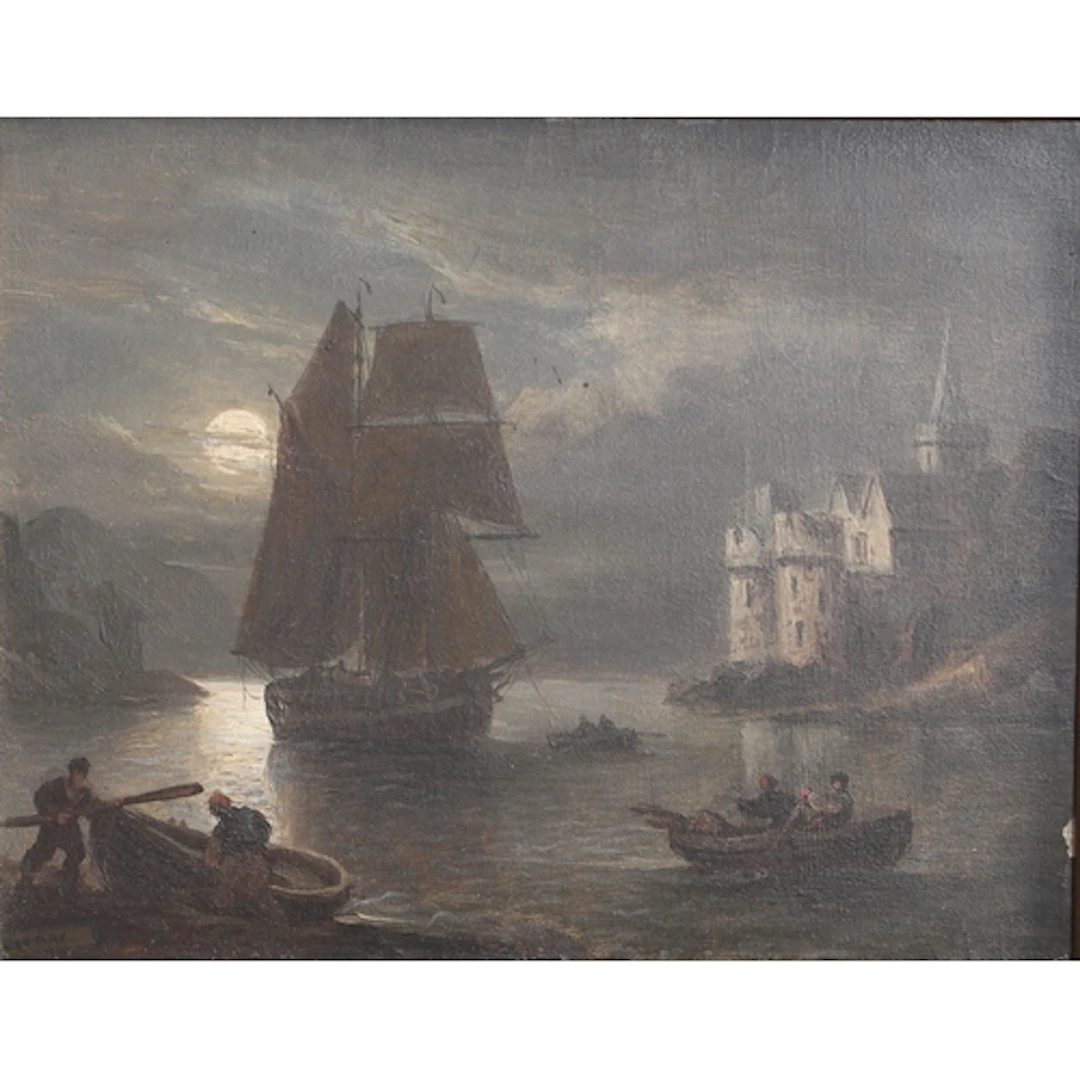 (THOMAS LUNY 1759-1837). DARTMOUTH CASTLE BY MOONLIGHT. Sign...