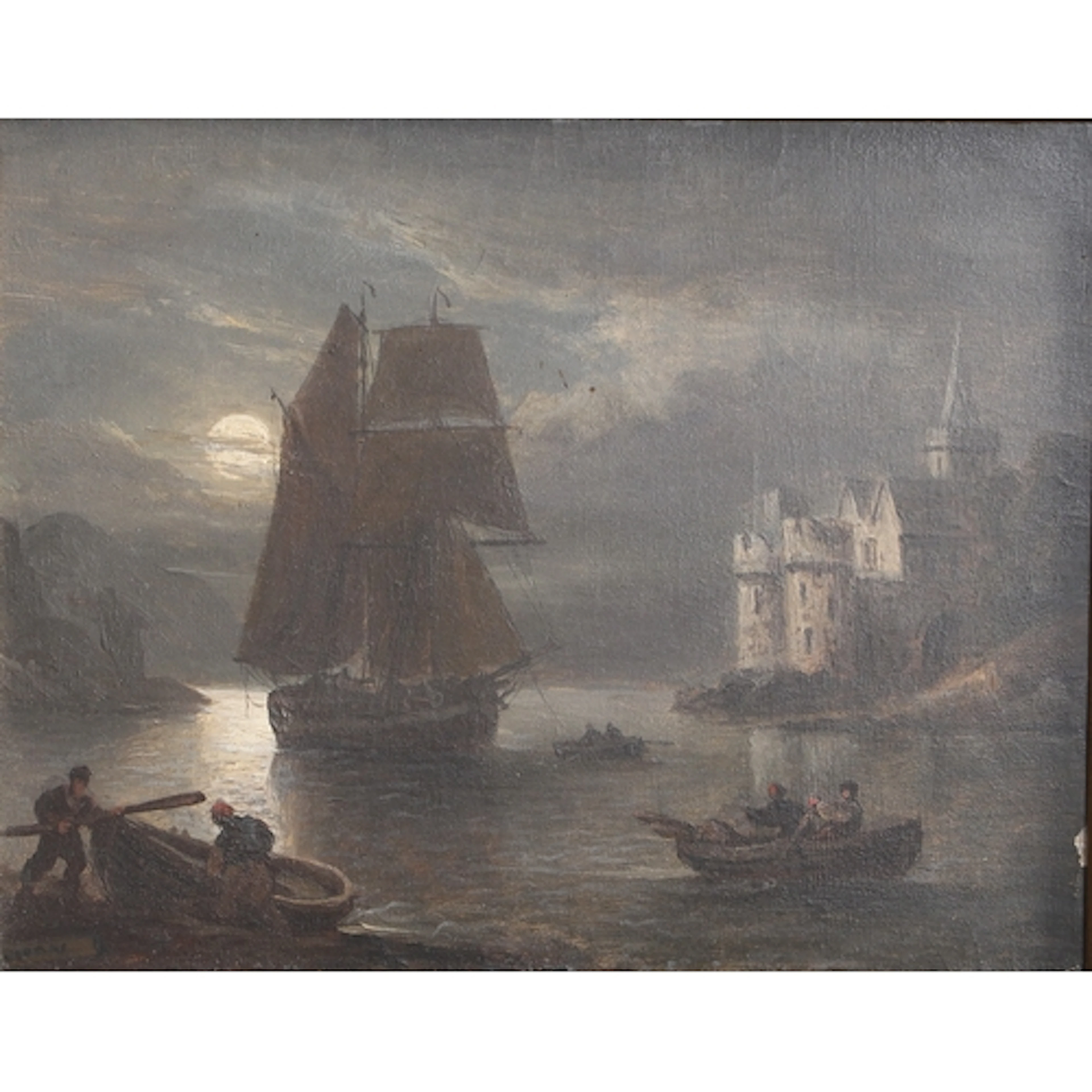 (THOMAS LUNY 1759-1837). DARTMOUTH CASTLE BY MOONLIGHT. Sign...