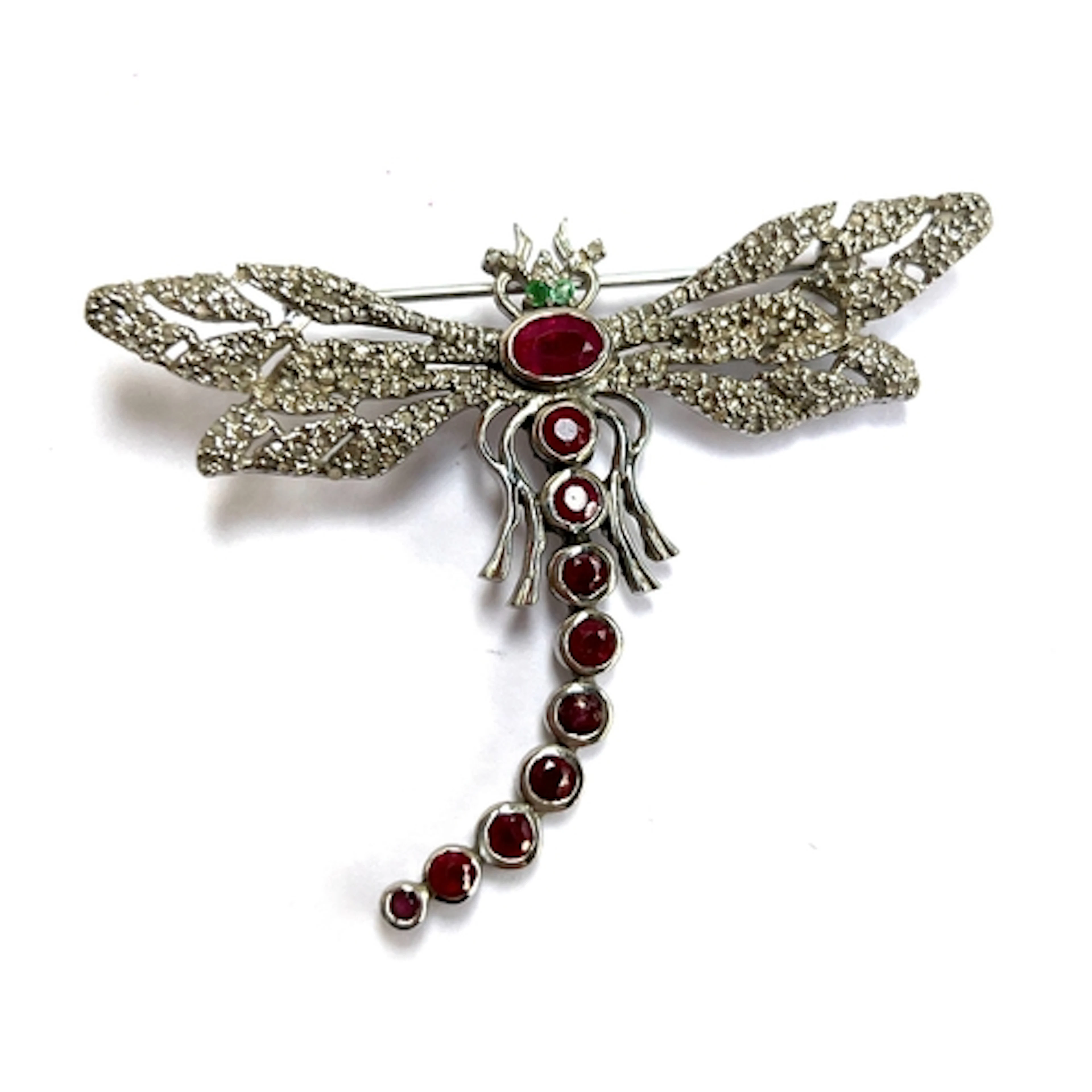 A 925 silver dragonfly pendant/brooch set with emeralds, rub...
