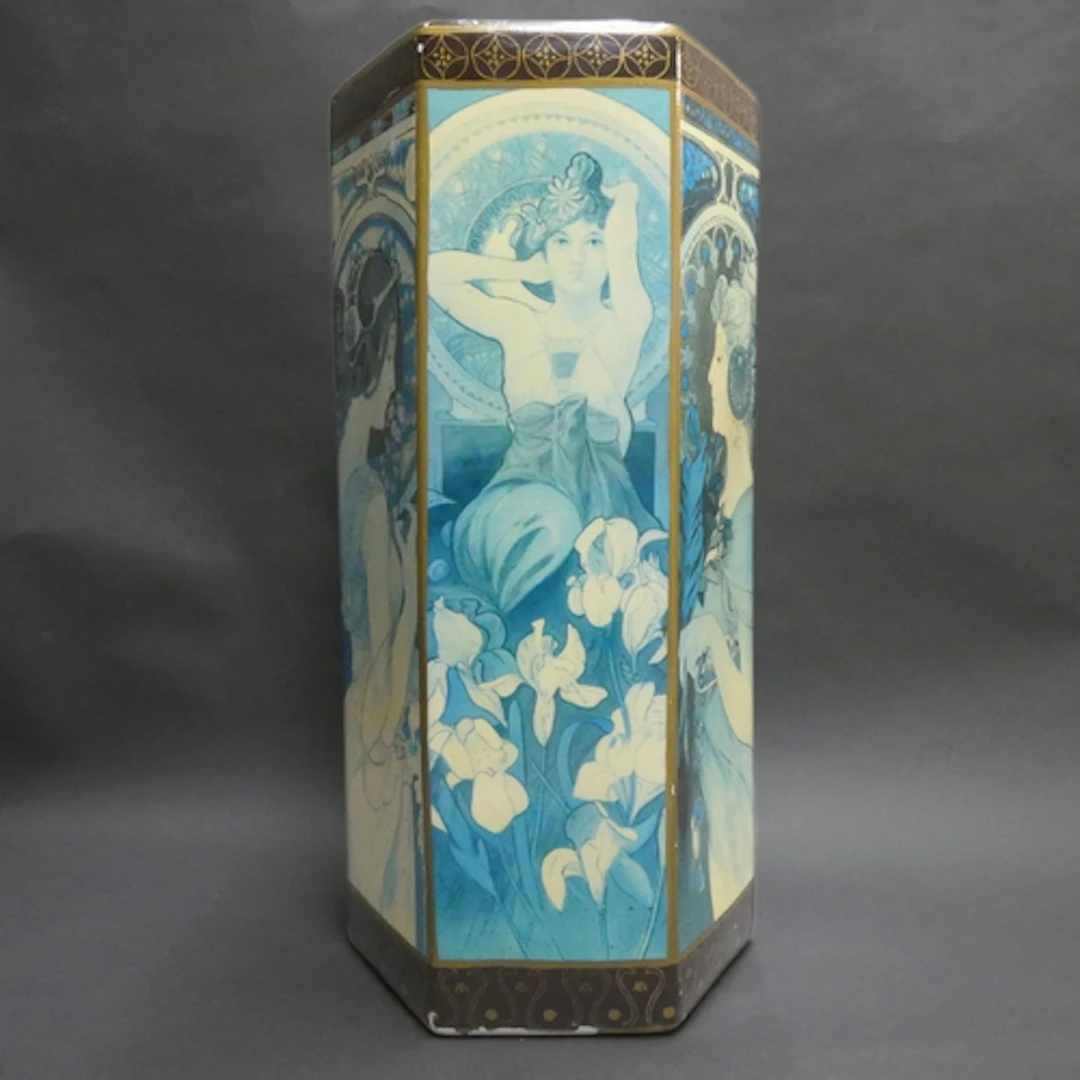 An Art Nouveau design hexagonal glazed ceramic stick stand, ...