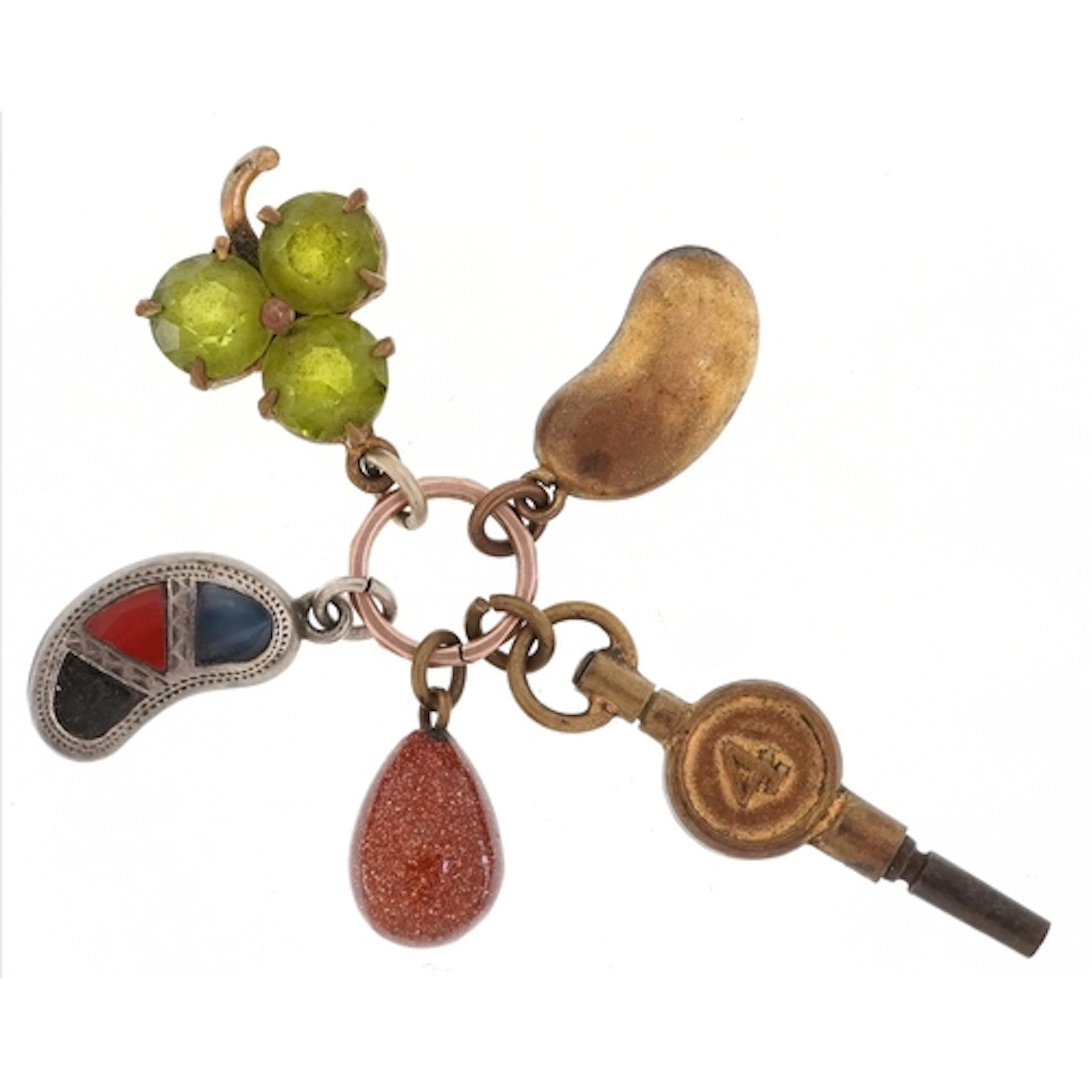 Five antique watch fobs on a yellow metal split ring includi...