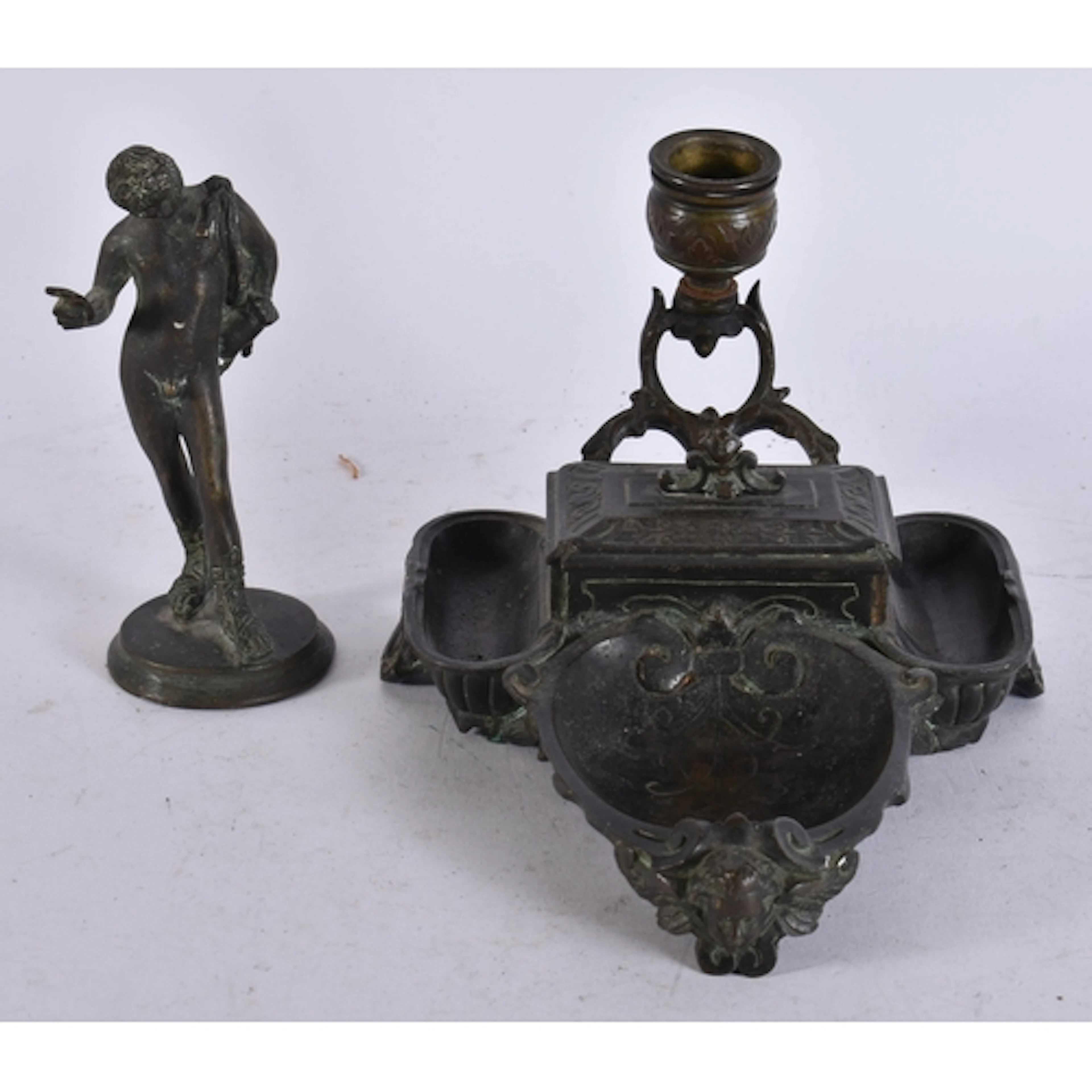 AN ANTIQUE GRAND TOUR BRONZE DESK STAND and a bronze figure ...